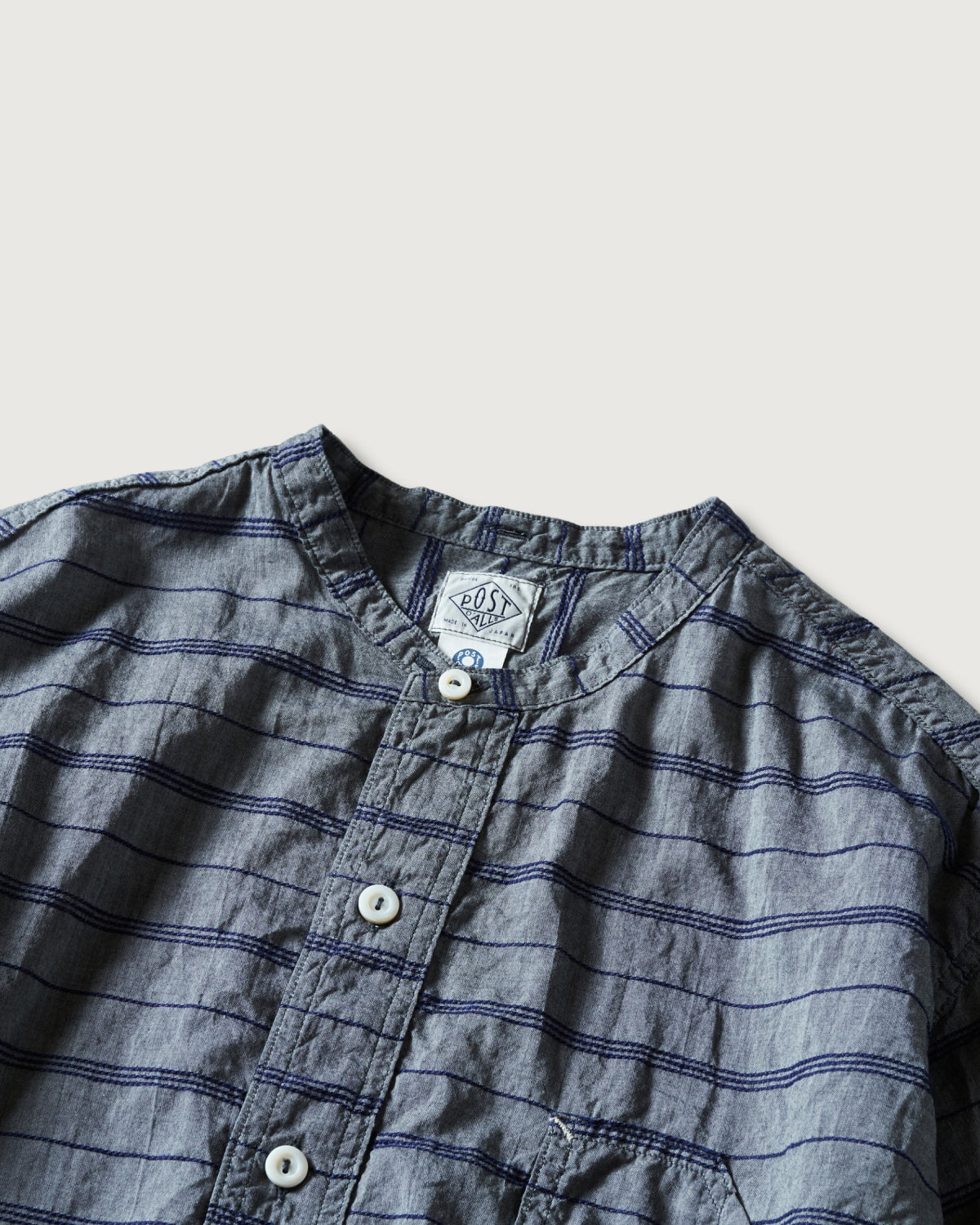 #1203S-HSG Band Collar Shirt S/S : horizontal stripe grey
