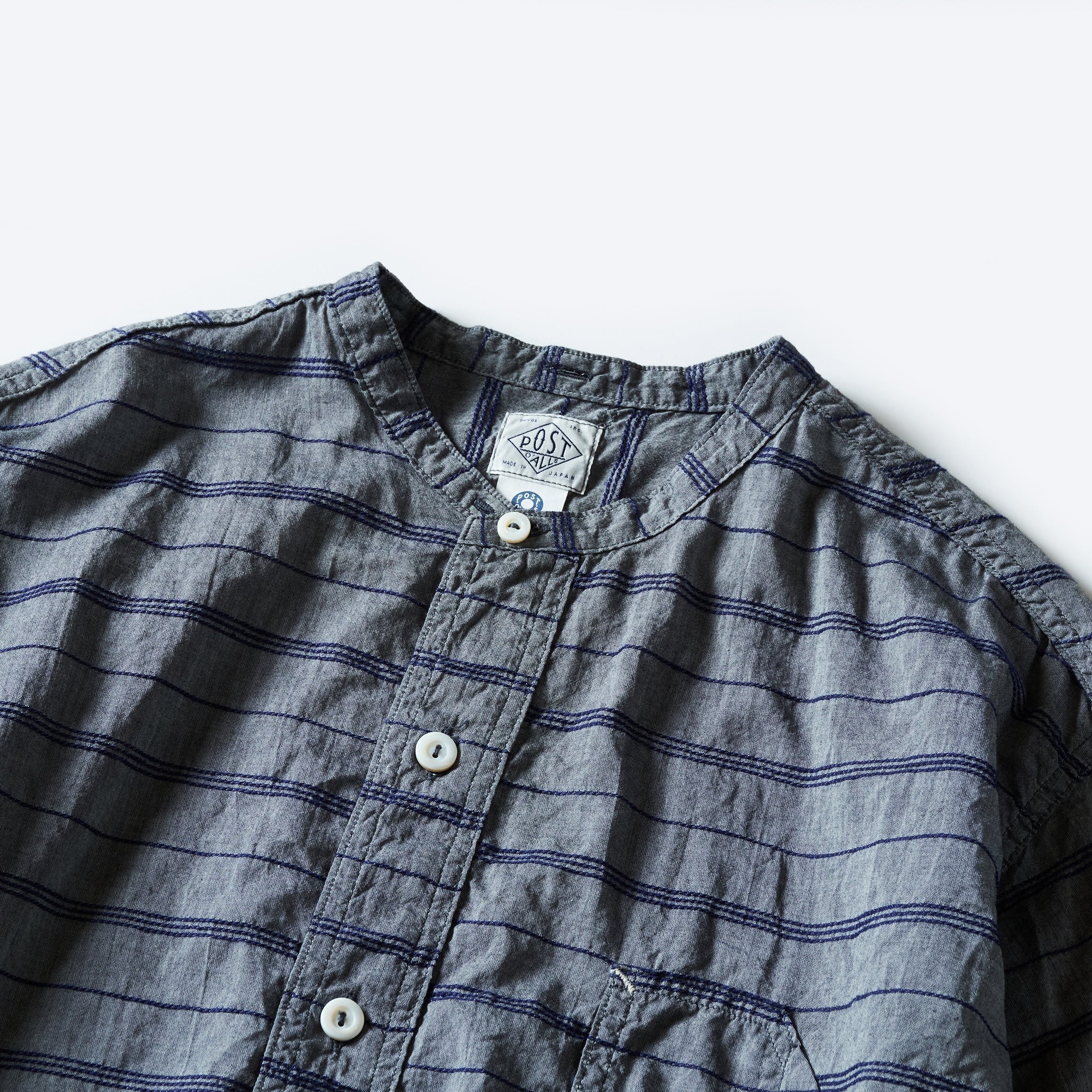 #1203S-HSG Band Collar Shirt S/S : horizontal stripe grey