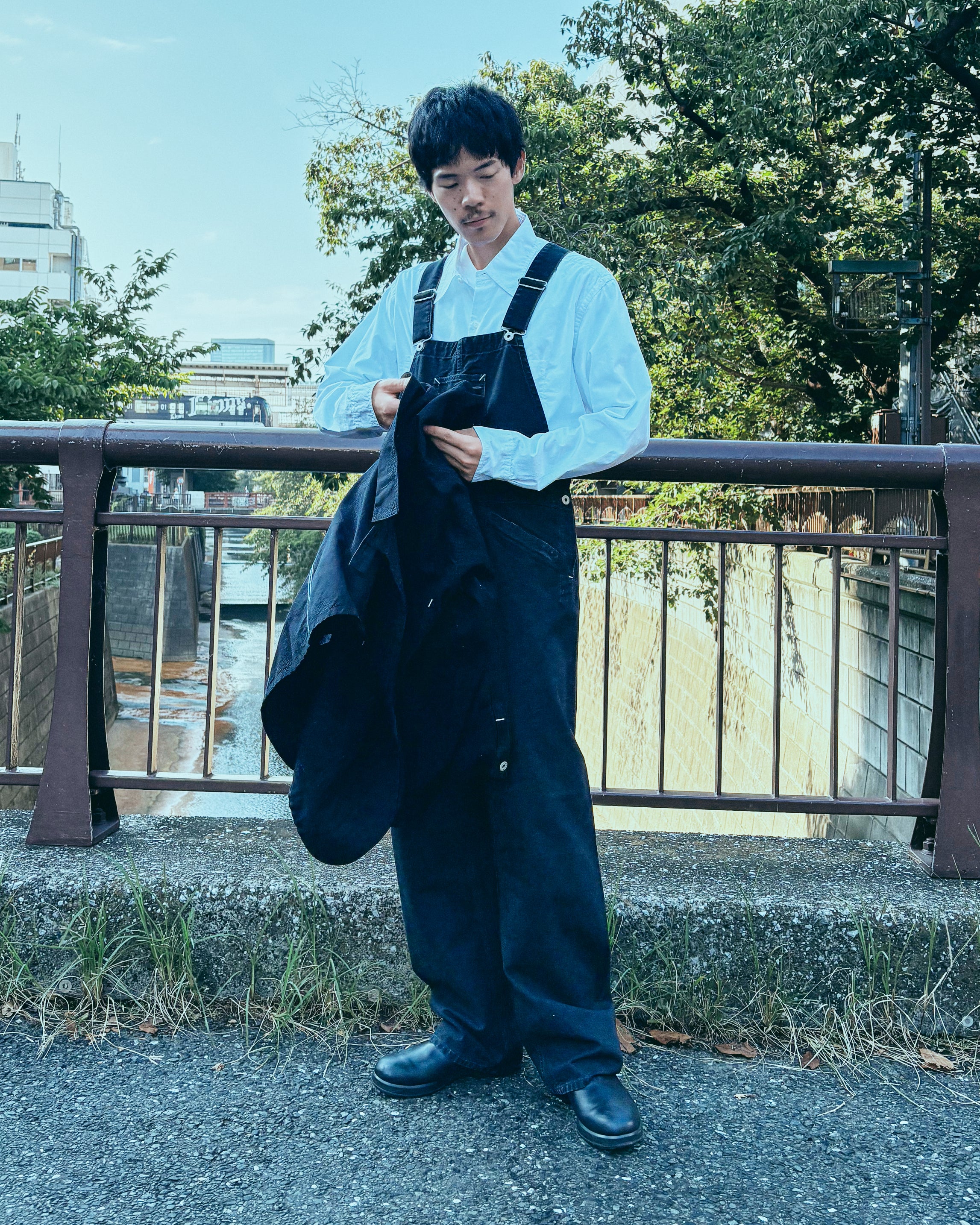 #3401-PCB POST 46 Overalls : pigment dyed canvas washed black