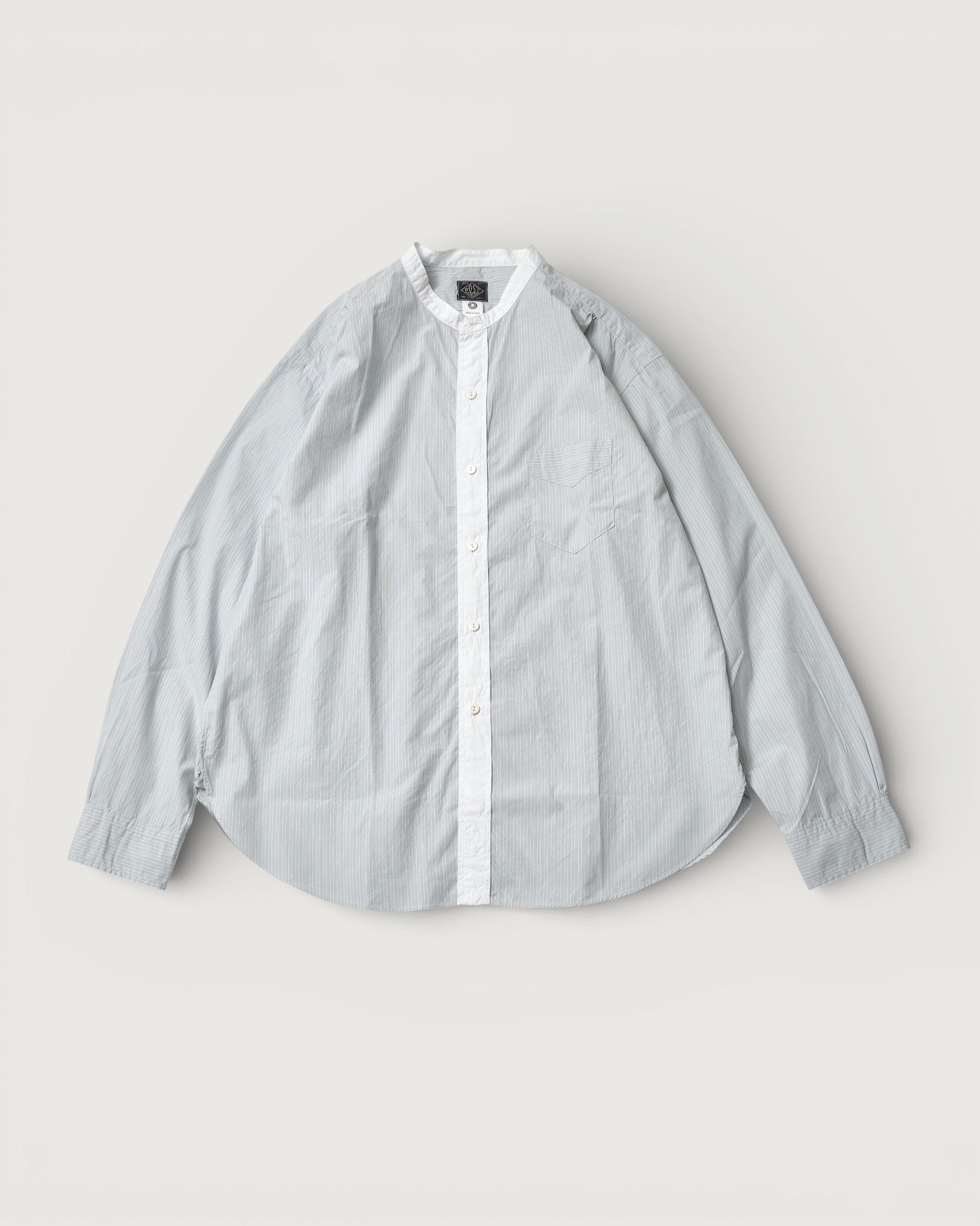 #3232B-GSC Original BL Band Collar Shirt : broadcloth w/white trim green stripe