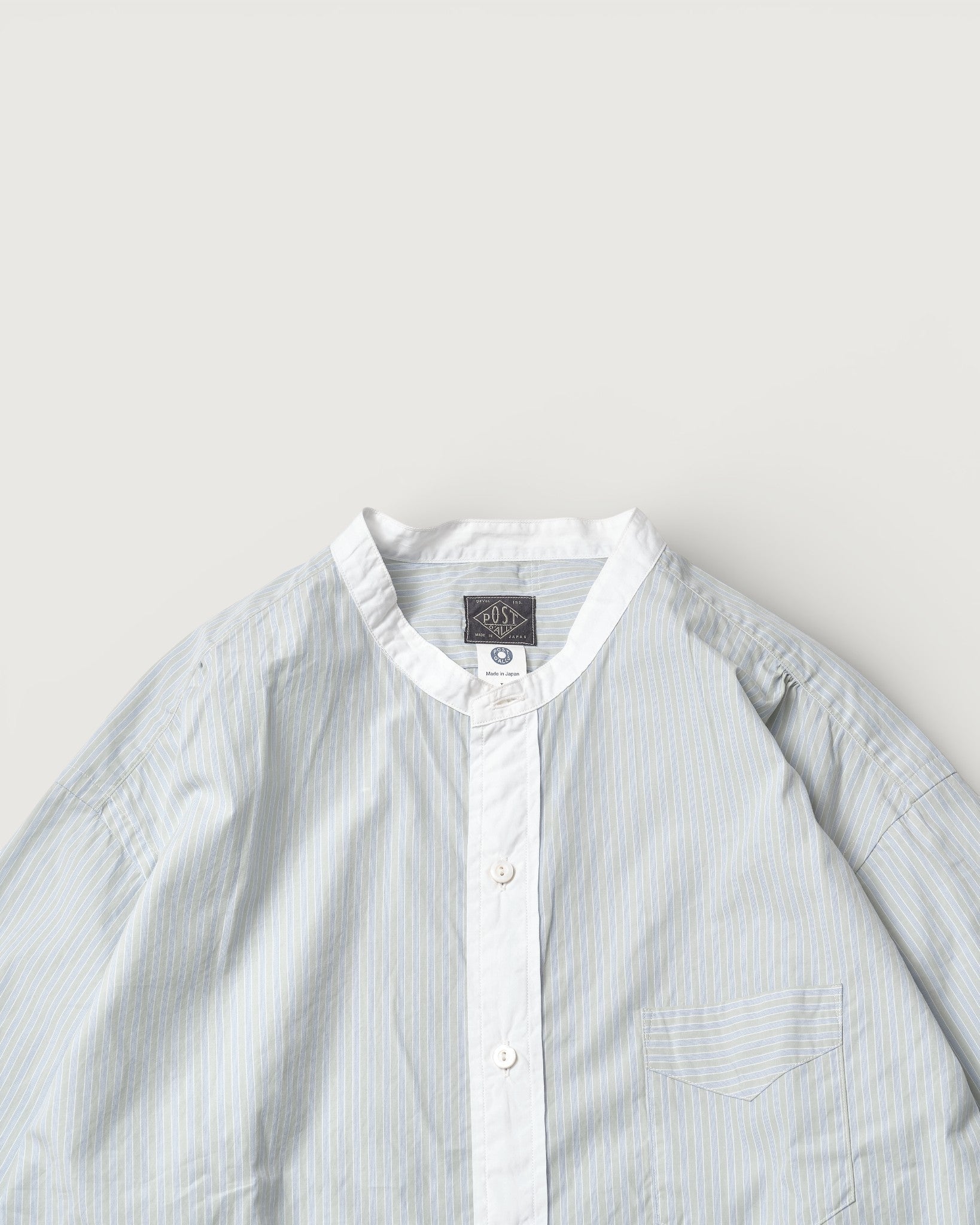 #3232B-GSC Original BL Band Collar Shirt : broadcloth w/white trim green stripe