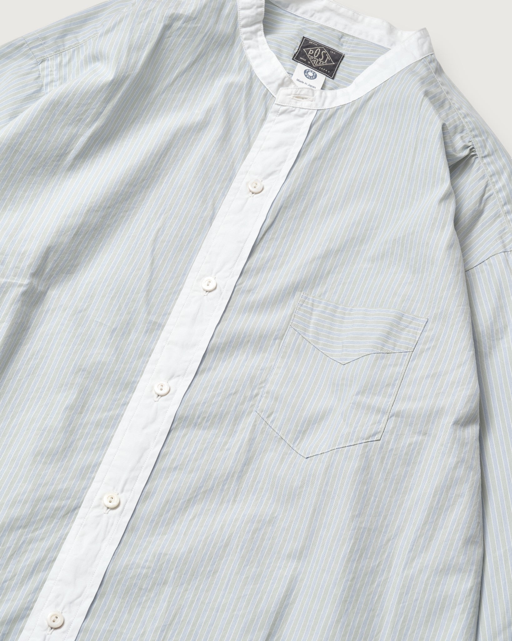 #3232B-GSC Original BL Band Collar Shirt : broadcloth w/white trim green stripe