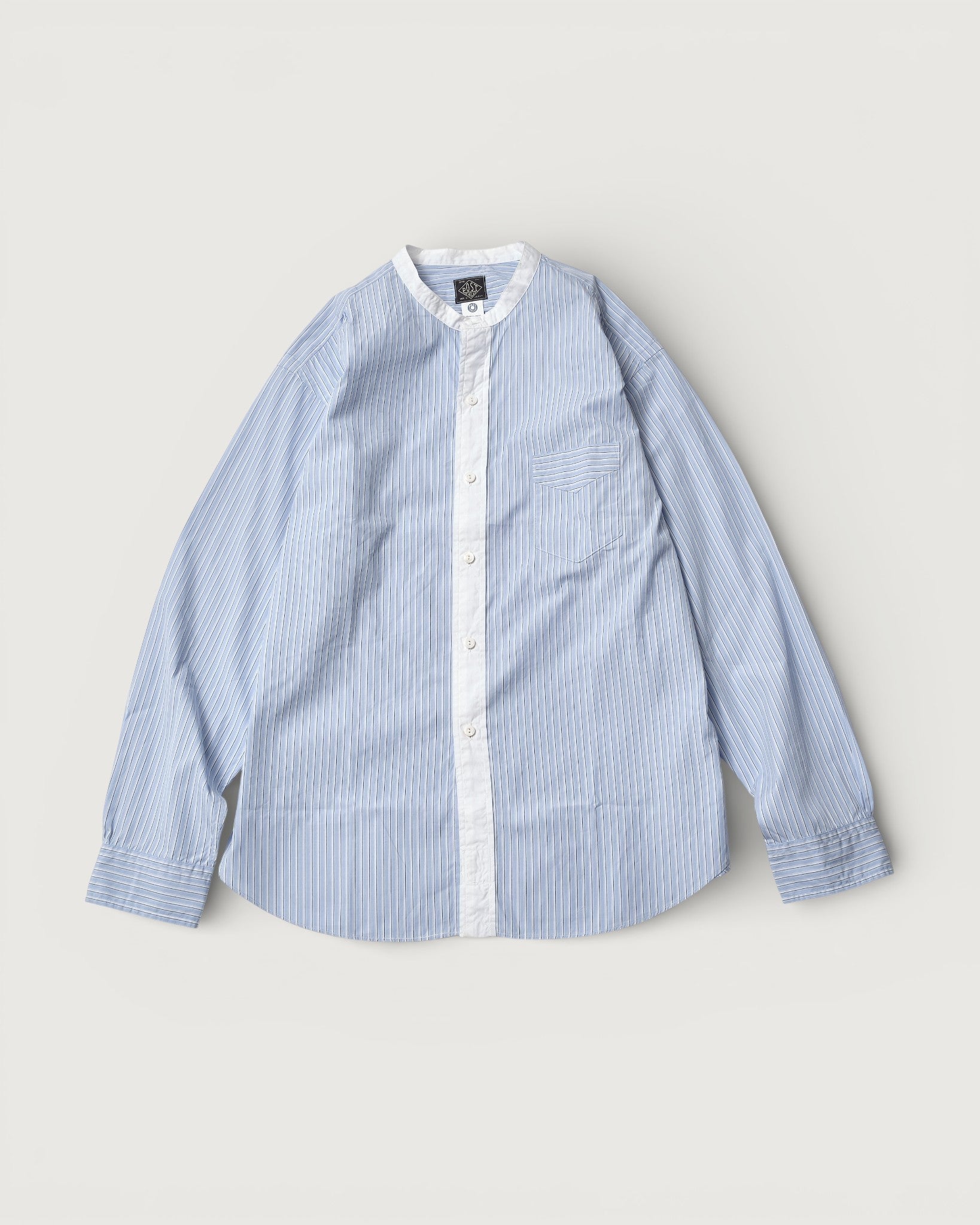 #3232B-BSC Original BL Band Collar Shirt : broadcloth w/white trim blue stripe