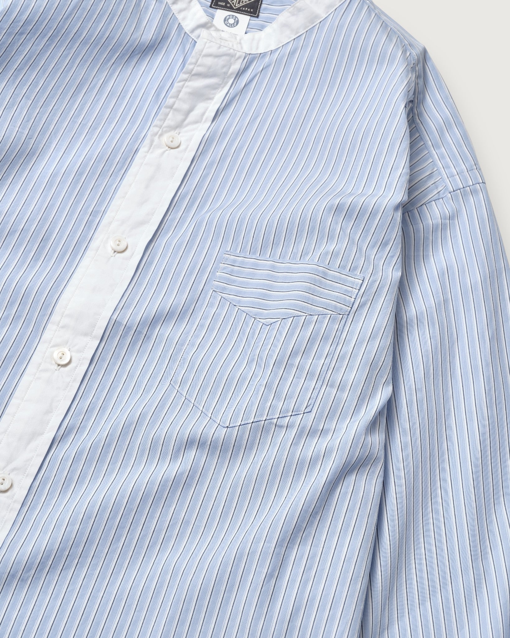 #3232B-BSC Original BL Band Collar Shirt : broadcloth w/white trim blue stripe