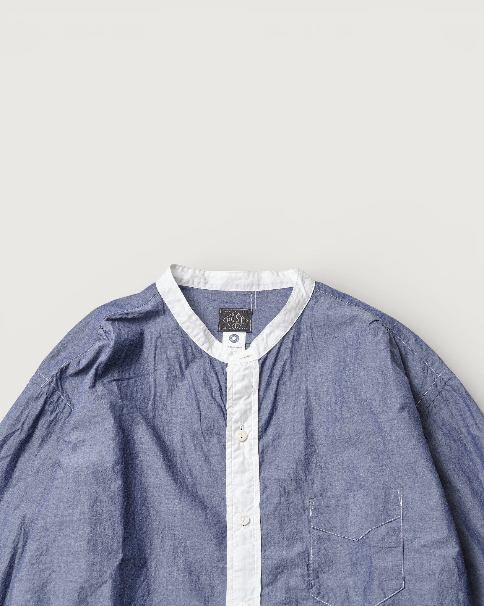 #3232B-SBC Original BL Band Collar Shirt : broadcloth w/white trim blue