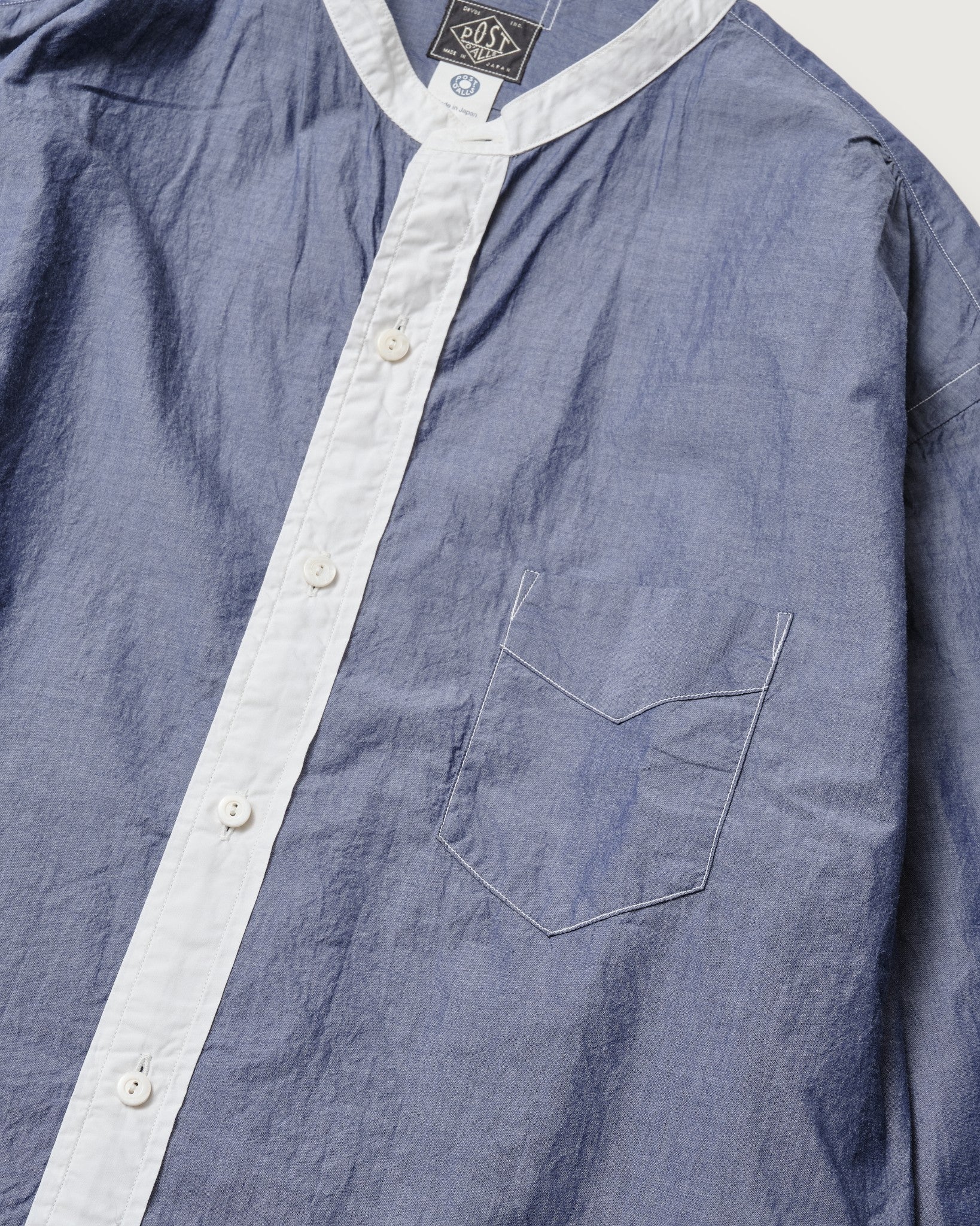 #3232B-SBC Original BL Band Collar Shirt : broadcloth w/white trim blue