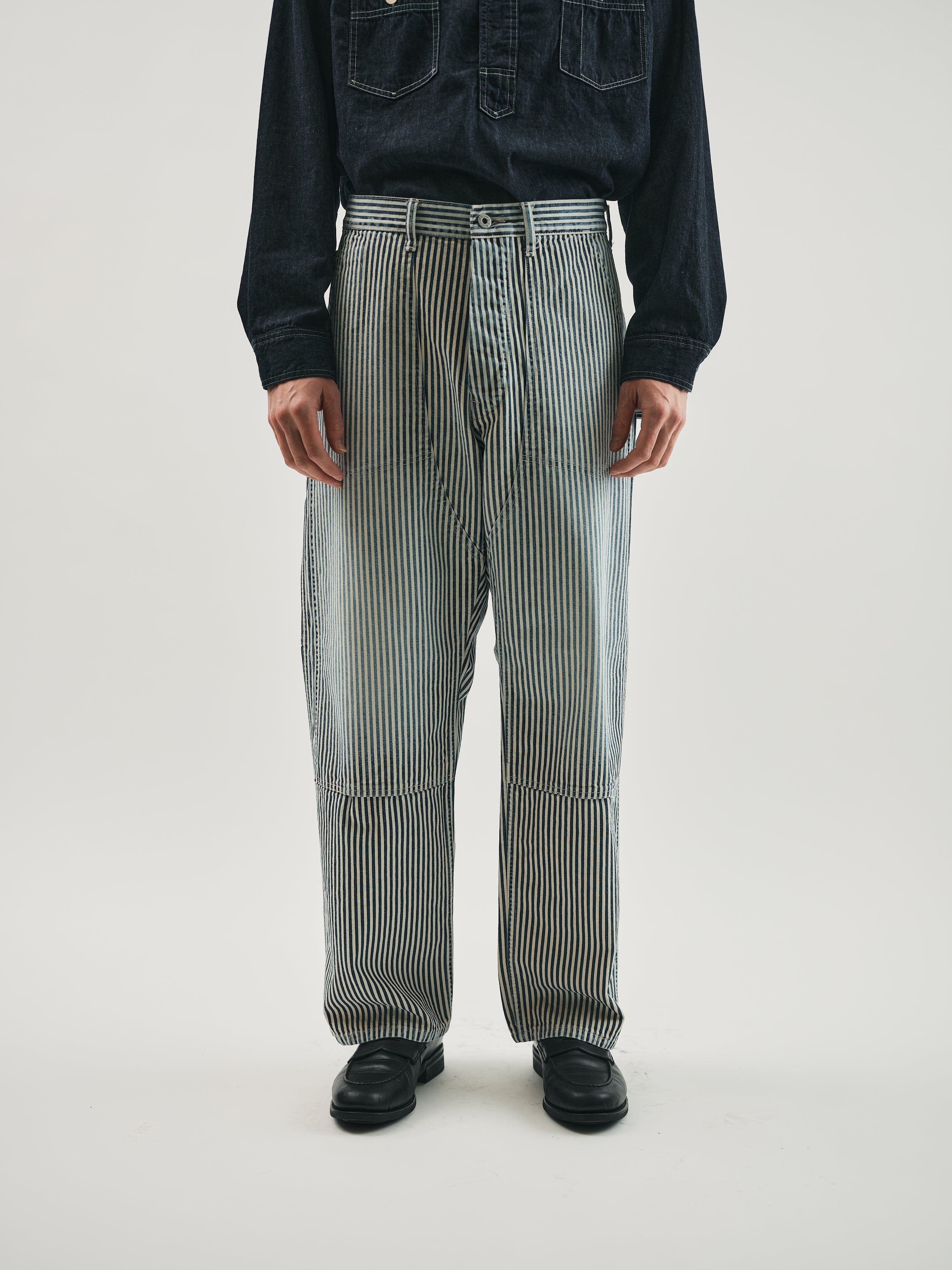 #1302-03W W-Knee Dungarees : hickory stripe indigo worn wash