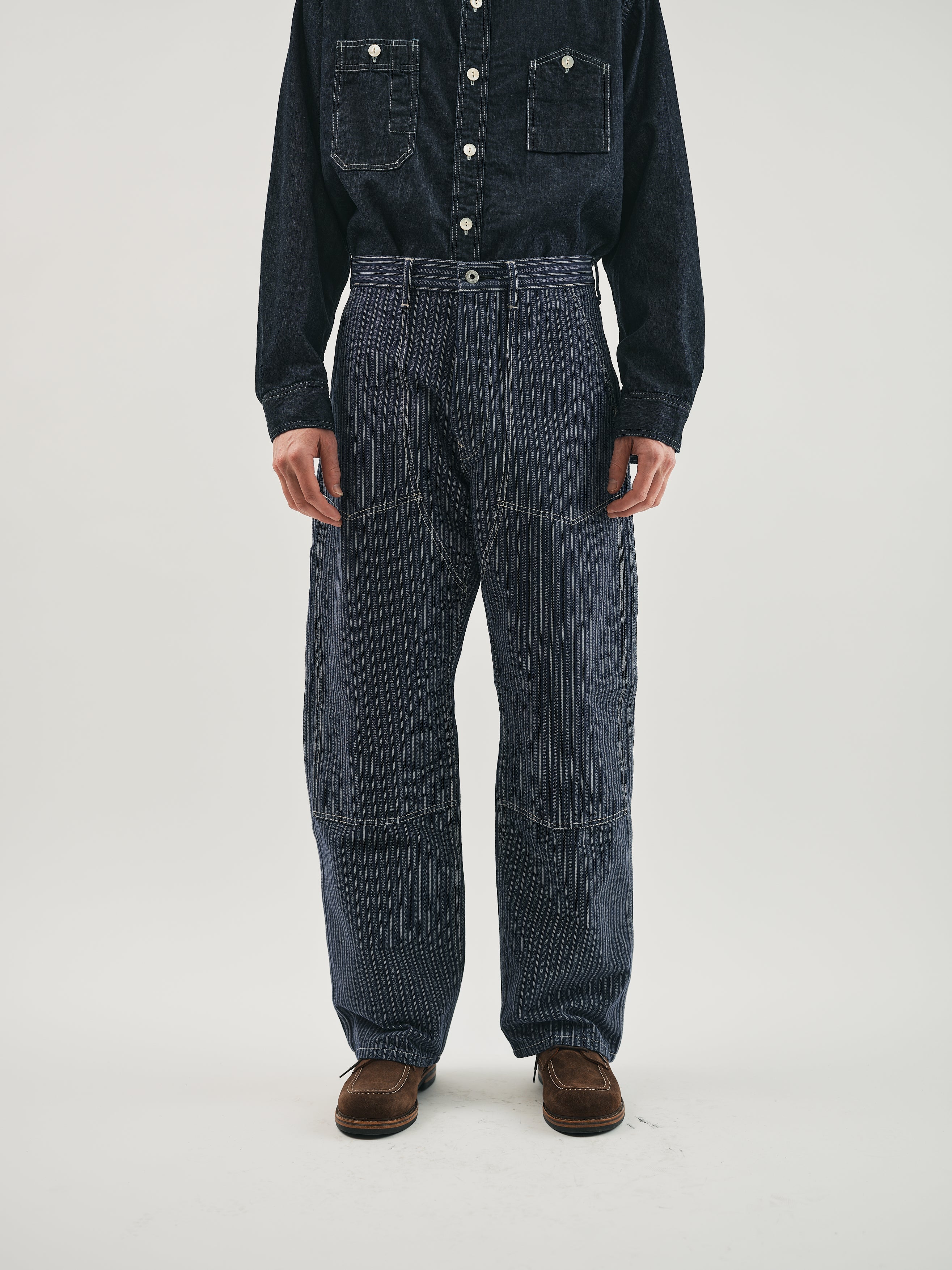 #1302-AS W-Knee Dungarees : alternate stripe indigo