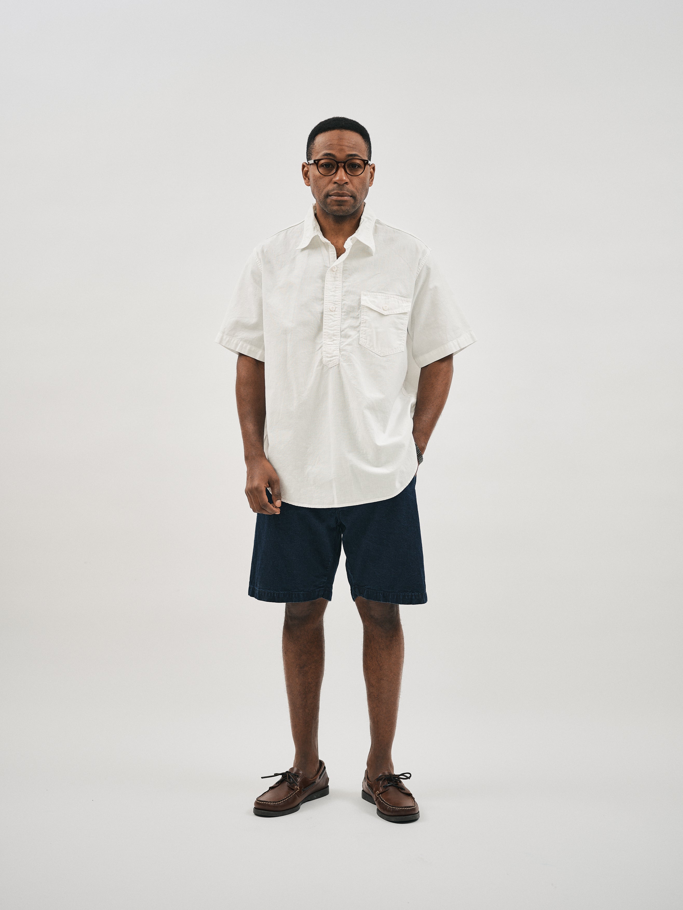 #3213S-PCW NAVY CUT S/S : panama cloth white