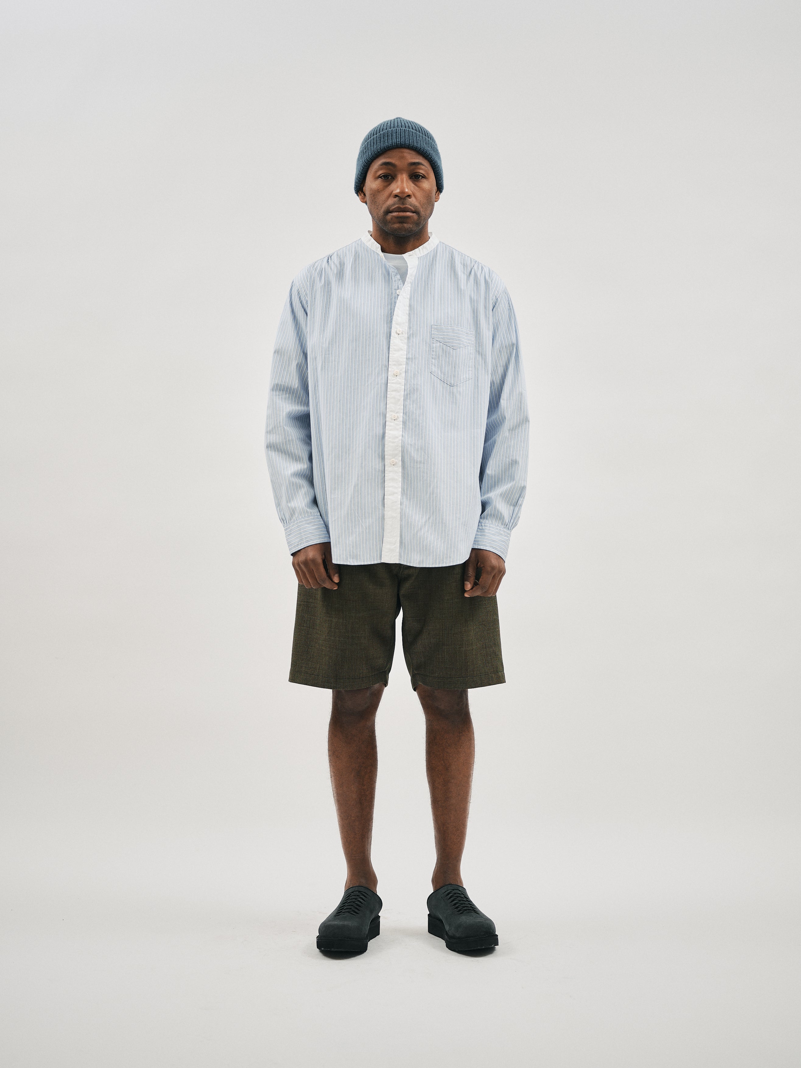 #3232B-BSC Original BL Band Collar Shirt : broadcloth w/white trim blue stripe