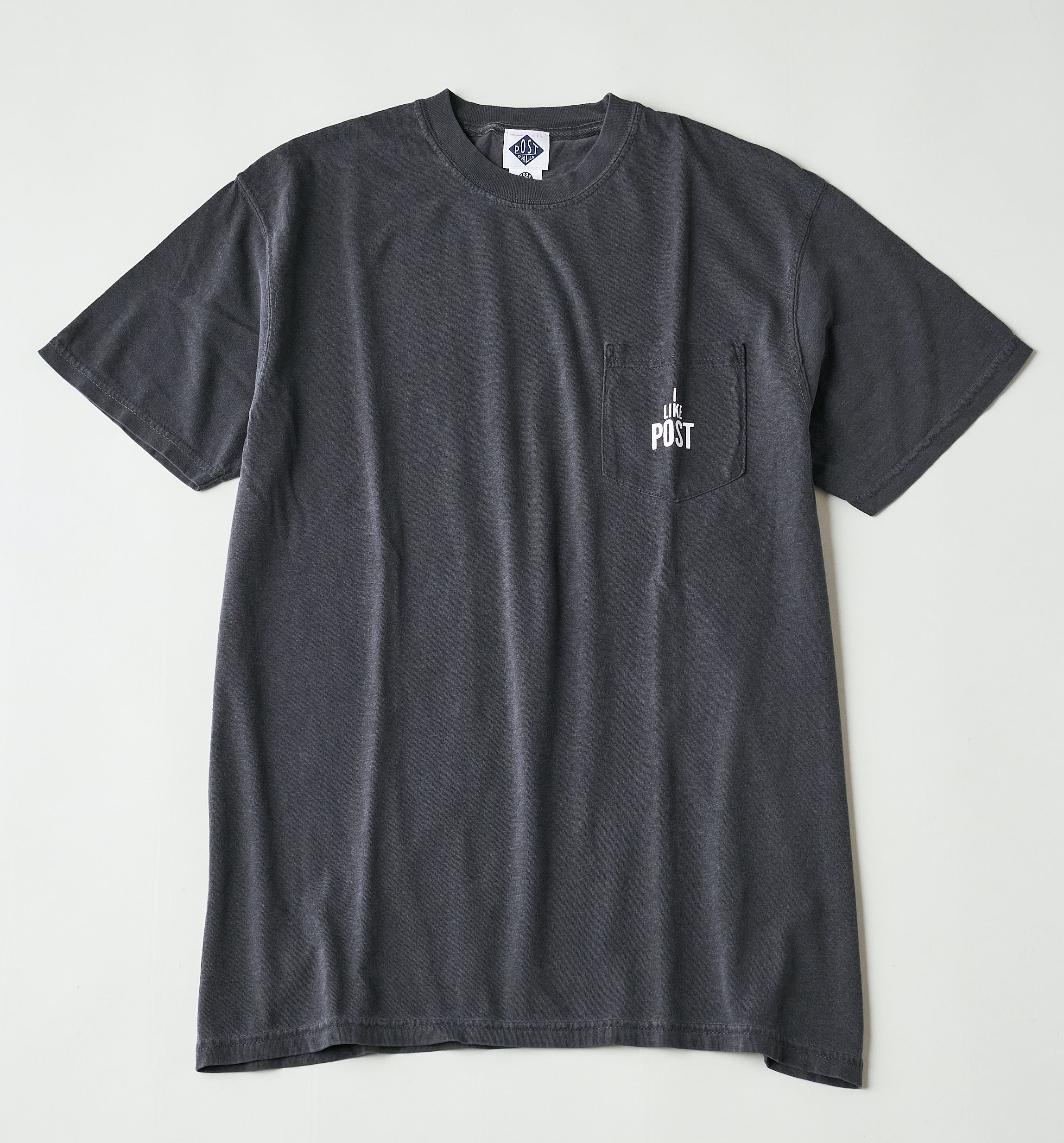#3004 I like POST pocket Tee : pigment dyed cotton jersey charcoal/white print (Shop Special)