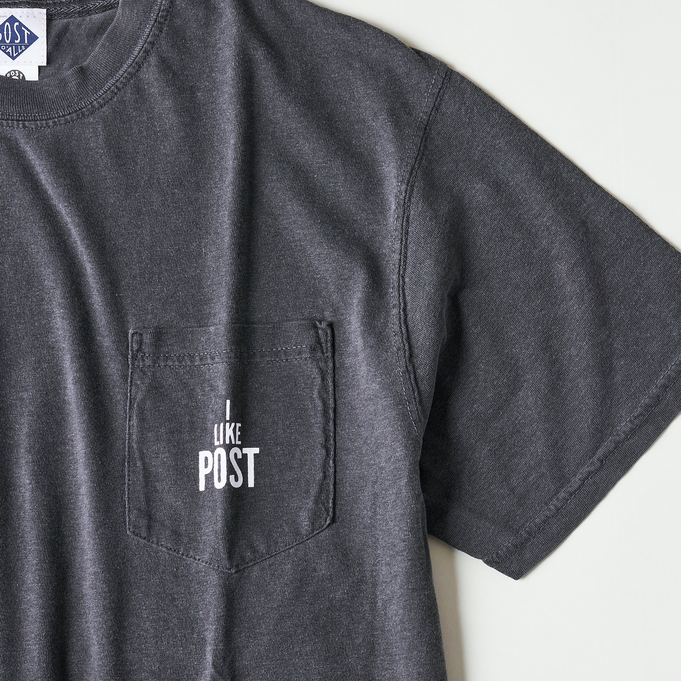 #3004 I like POST pocket Tee : pigment dyed cotton jersey charcoal/white print (Shop Special)