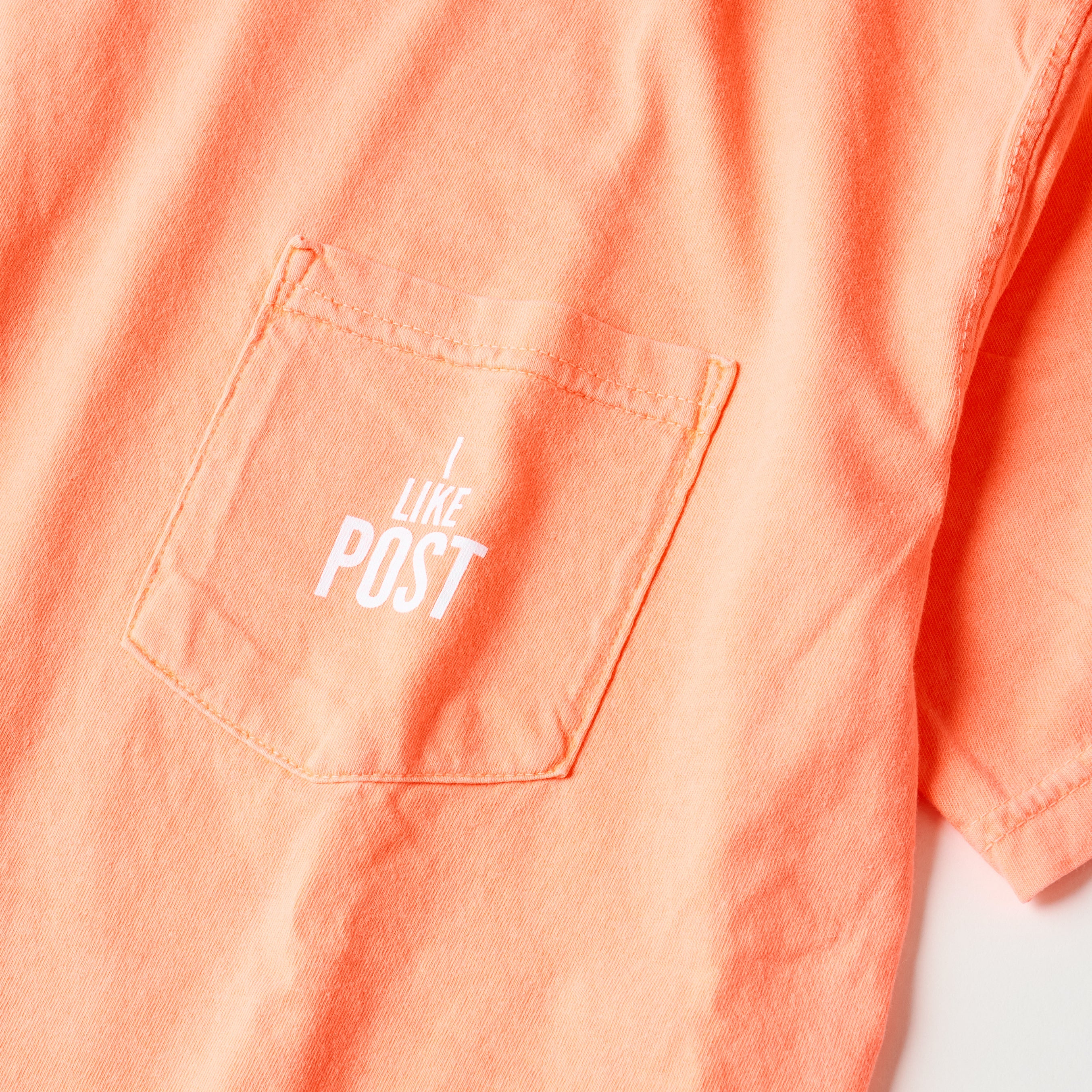 #3004 I like POST pocket Tee : pigment dyed cotton jersey neon orange/white print (Shop Special)