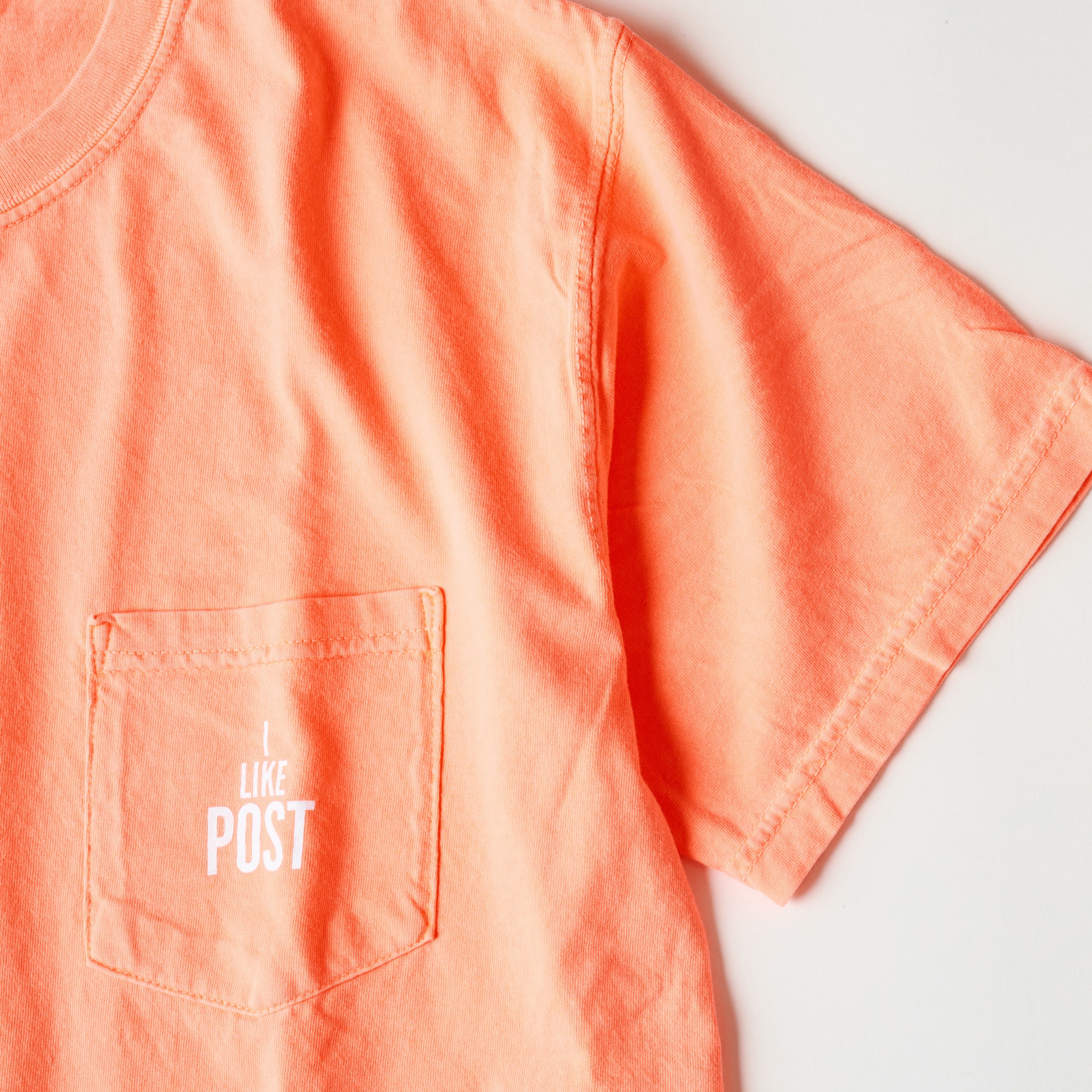 #3004 I like POST pocket Tee : pigment dyed cotton jersey neon orange/white print (Shop Special)