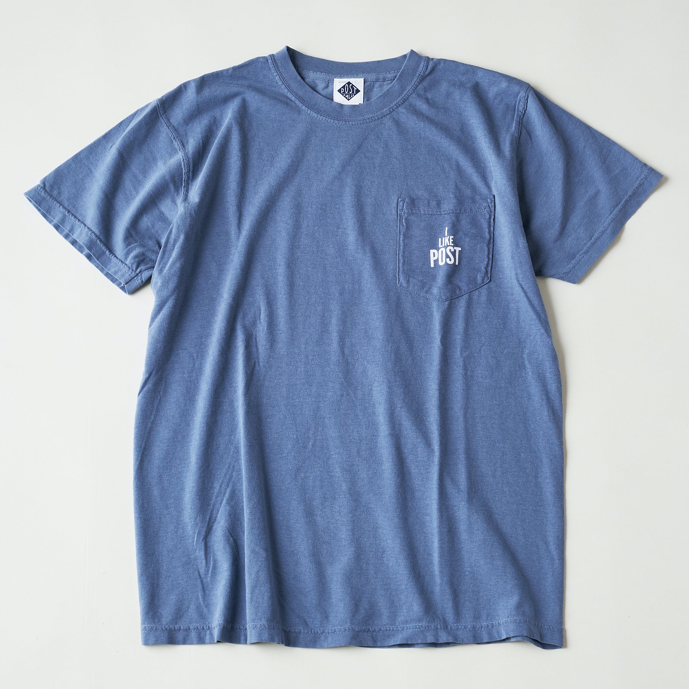 #3004-PDB I like POST pocket Tee : pigment dyed cotton jersey blue/white print (Shop Special)