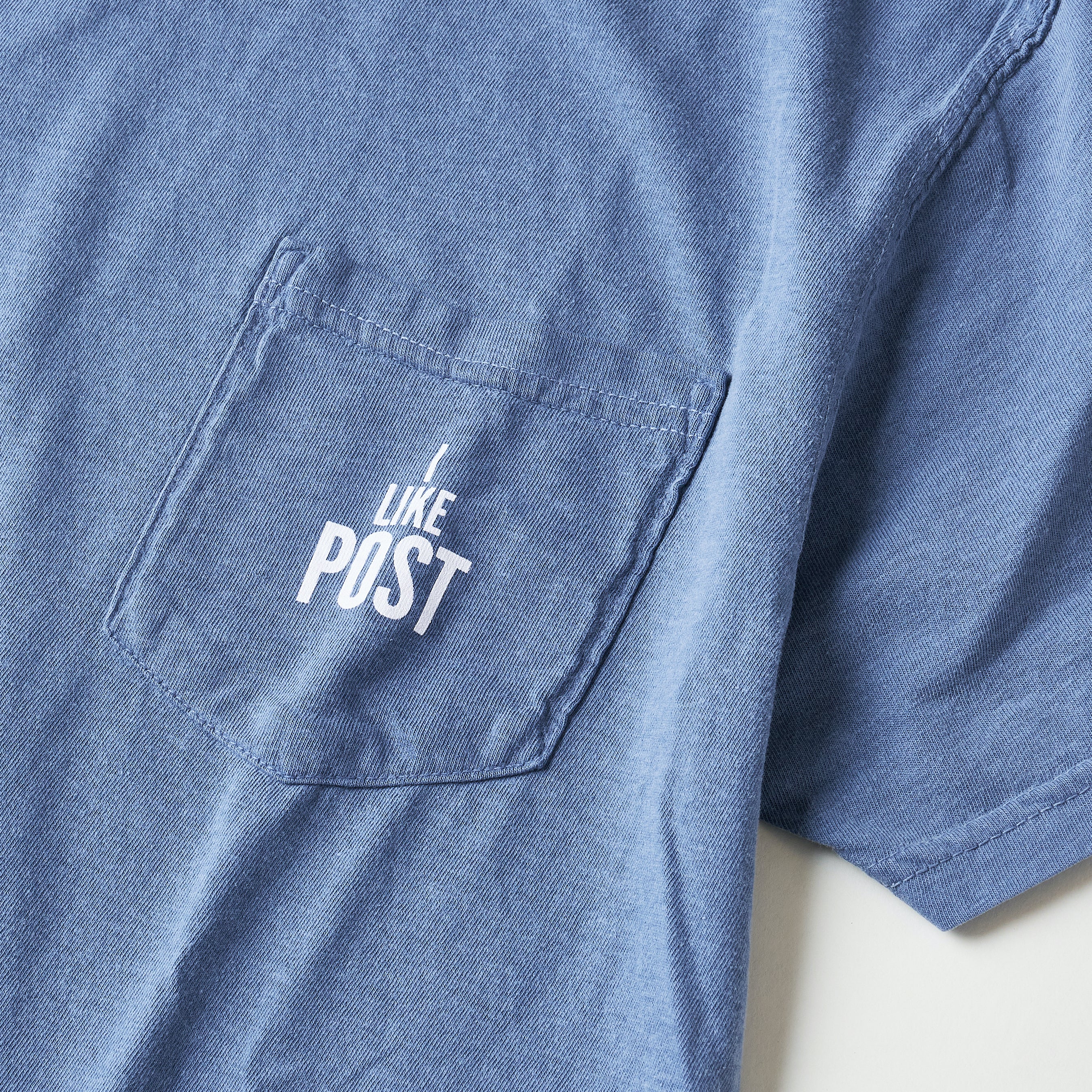 #3004-PDB I like POST pocket Tee : pigment dyed cotton jersey blue/white print (Shop Special)