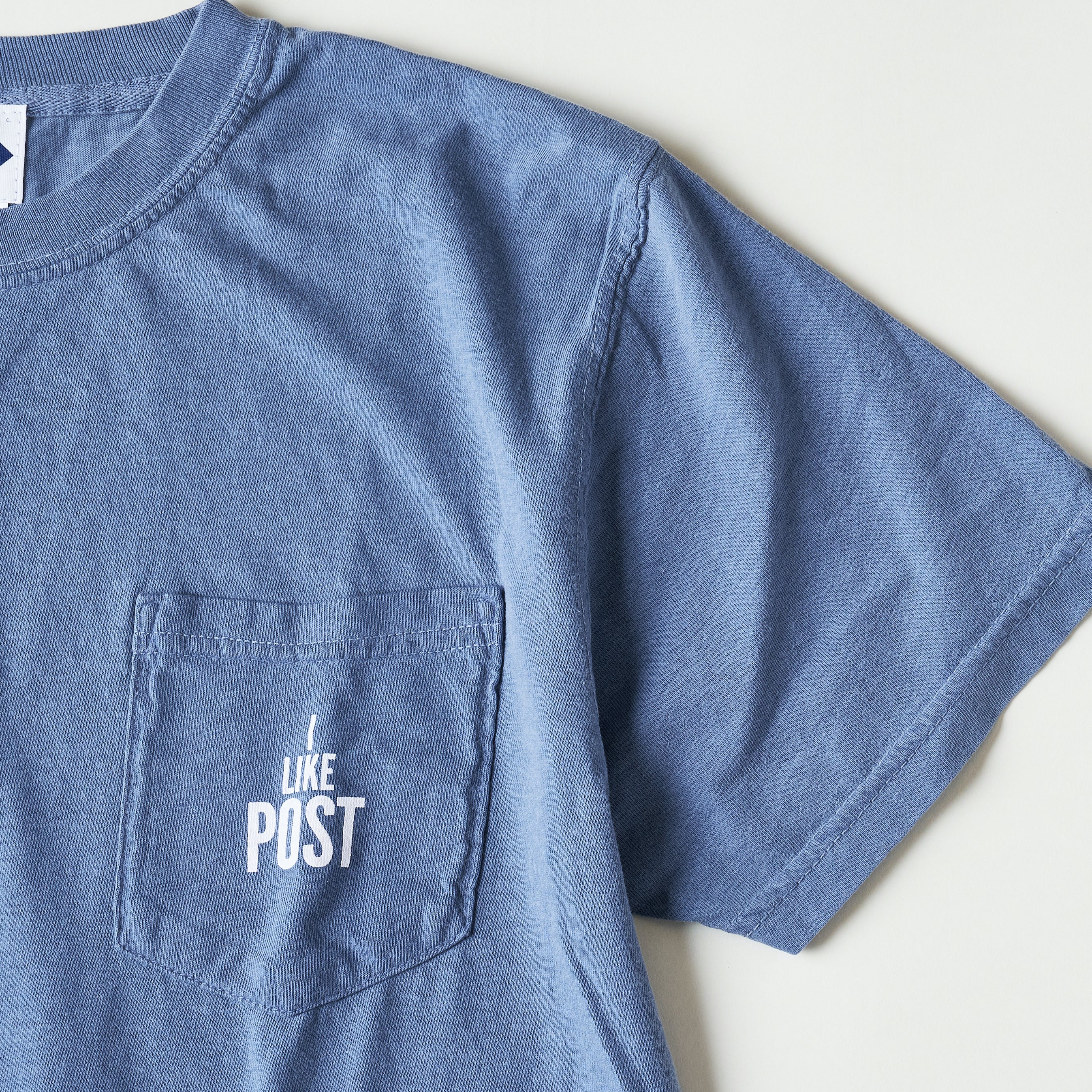 #3004-PDB I like POST pocket Tee : pigment dyed cotton jersey blue/white print (Shop Special)