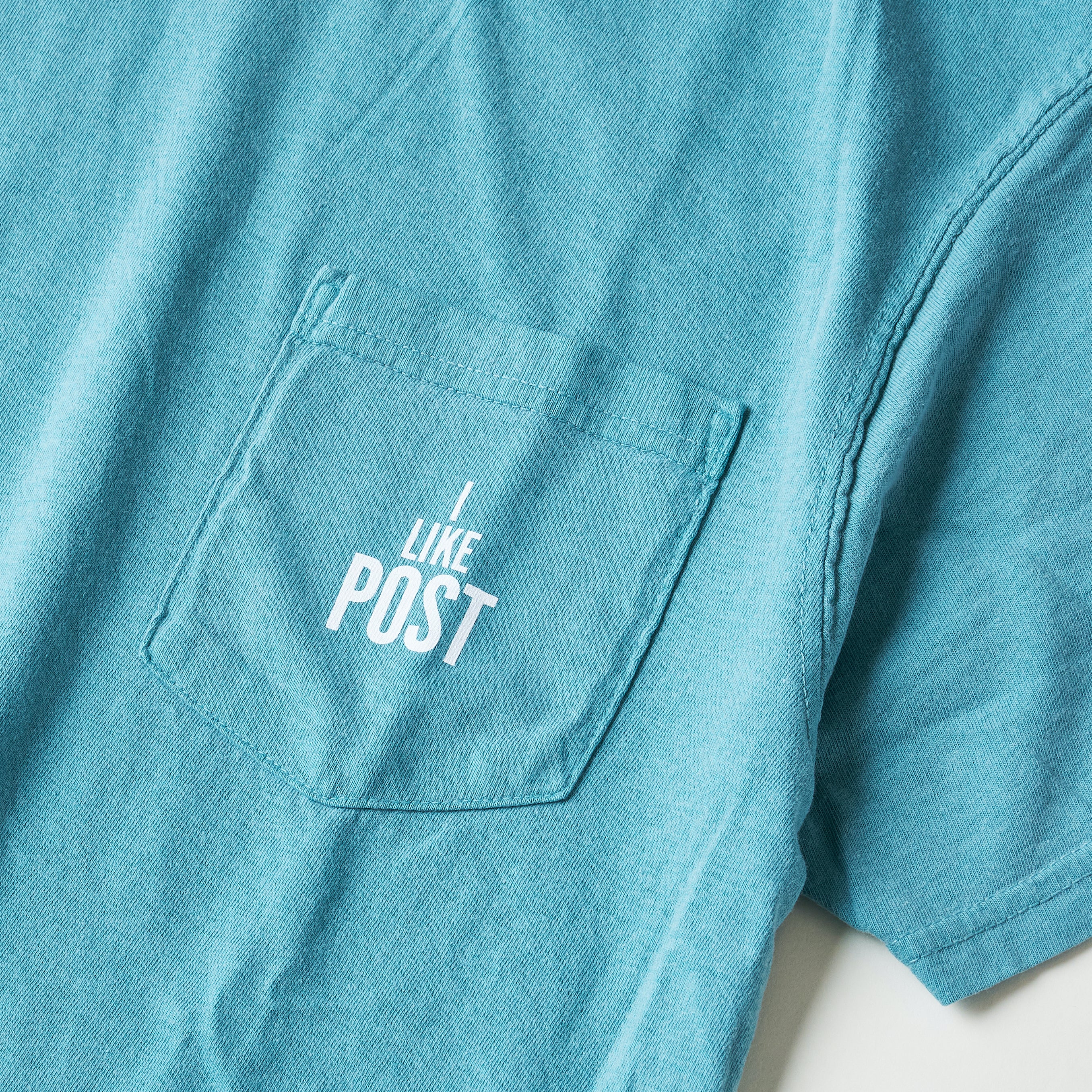#3004 I like POST pocket Tee : pigment dyed cotton jersey green/white print (Shop Special)