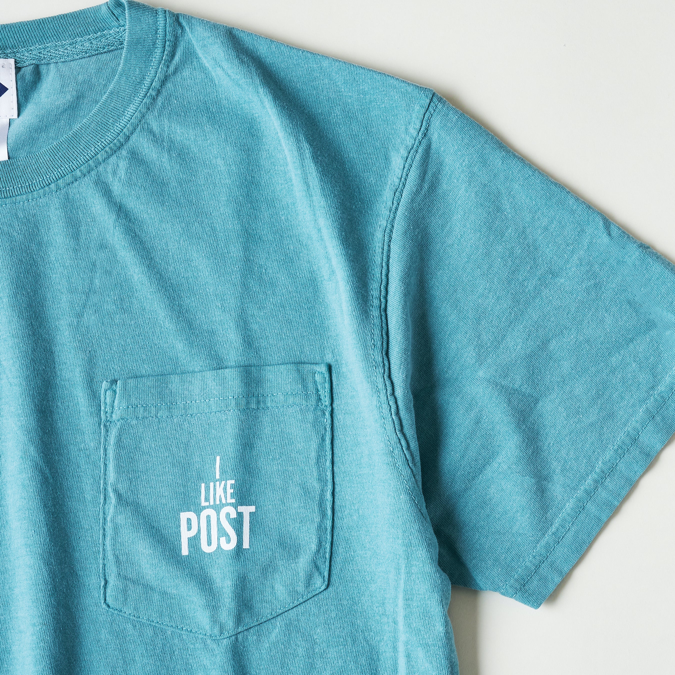 #3004 I like POST pocket Tee : pigment dyed cotton jersey green/white print (Shop Special)