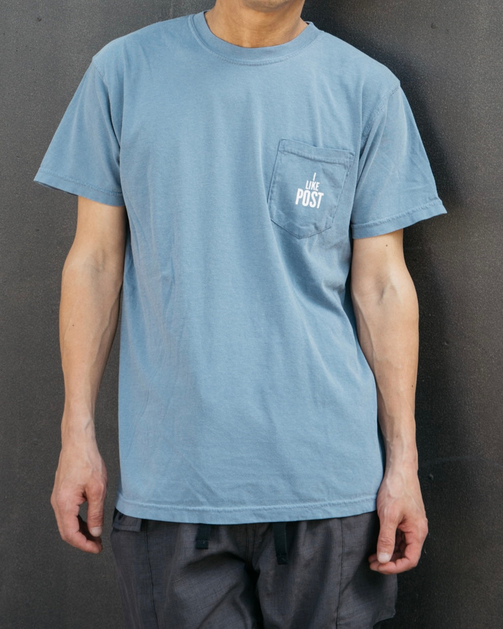 #3004-PDB I like POST pocket Tee : pigment dyed cotton jersey blue/white print (Shop Special)