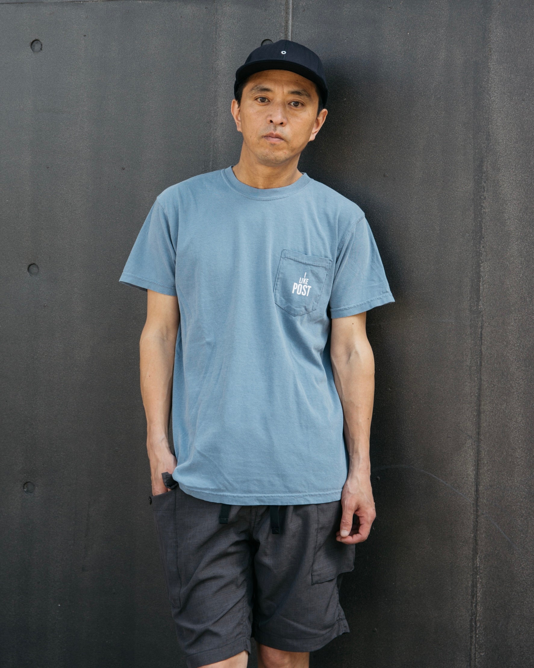 #3004-PDB I like POST pocket Tee : pigment dyed cotton jersey blue/white print (Shop Special)