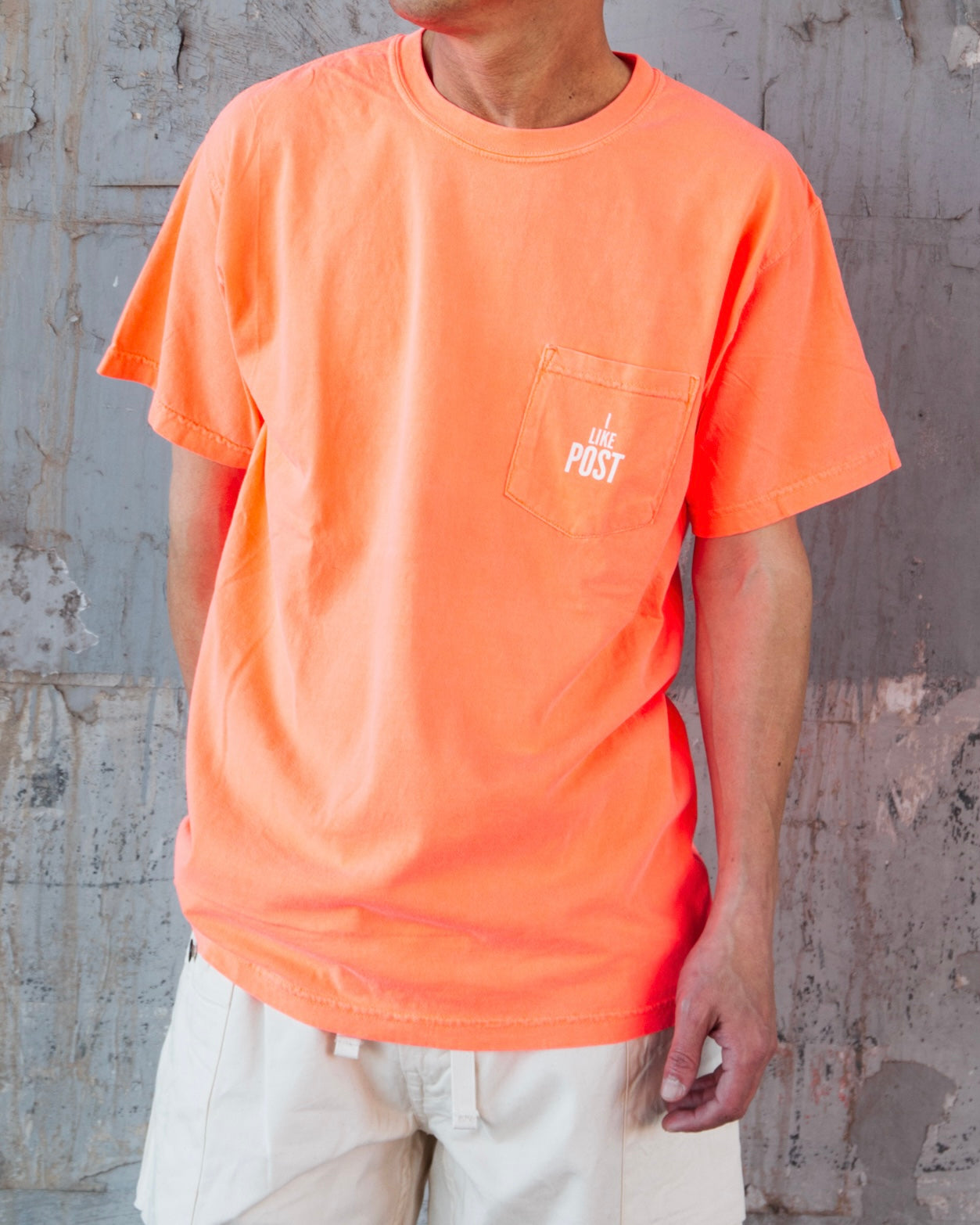 #3004 I like POST pocket Tee : pigment dyed cotton jersey neon orange/white print (Shop Special)