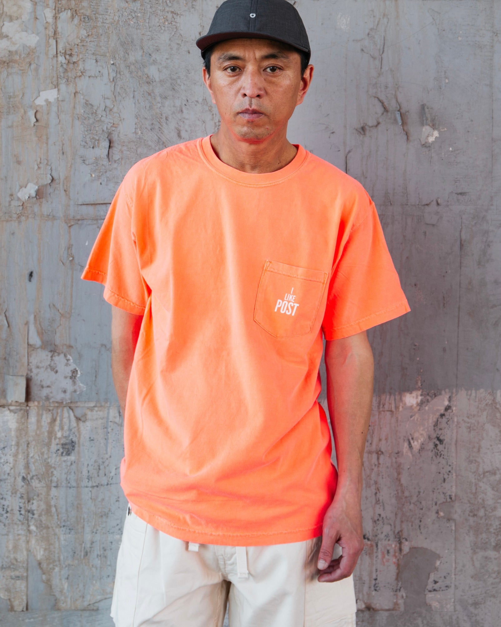 #3004 I like POST pocket Tee : pigment dyed cotton jersey neon orange/white print (Shop Special)