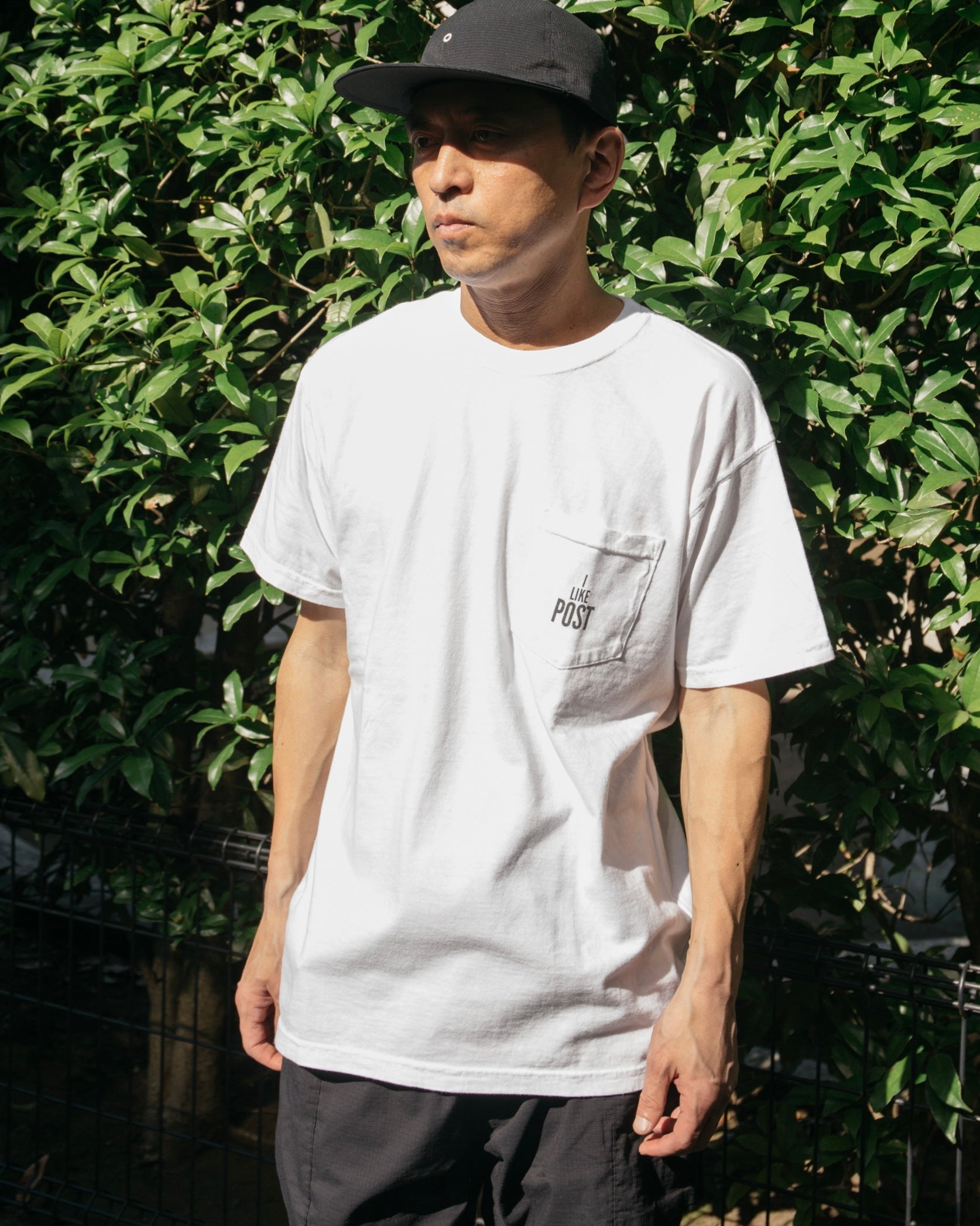 #3004 I like POST pocket Tee : pigment dyed cotton jersey white/grey print (Shop Special)