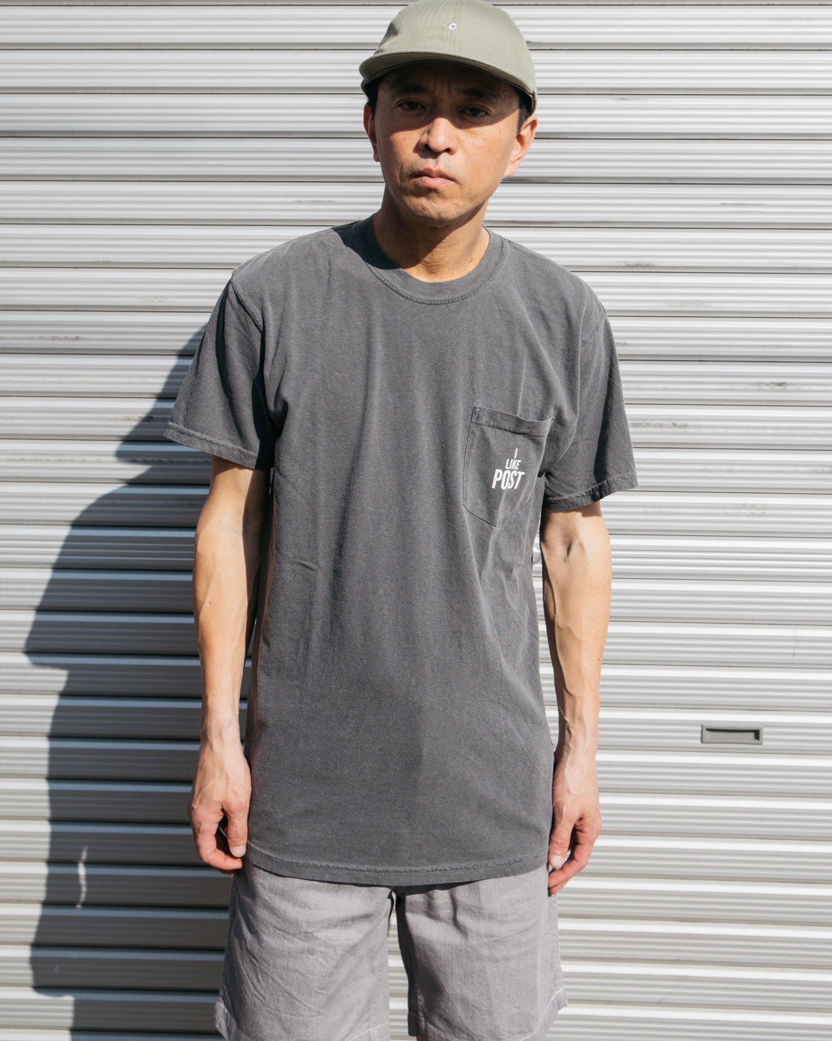 #3004 I like POST pocket Tee : pigment dyed cotton jersey charcoal/white print (Shop Special)