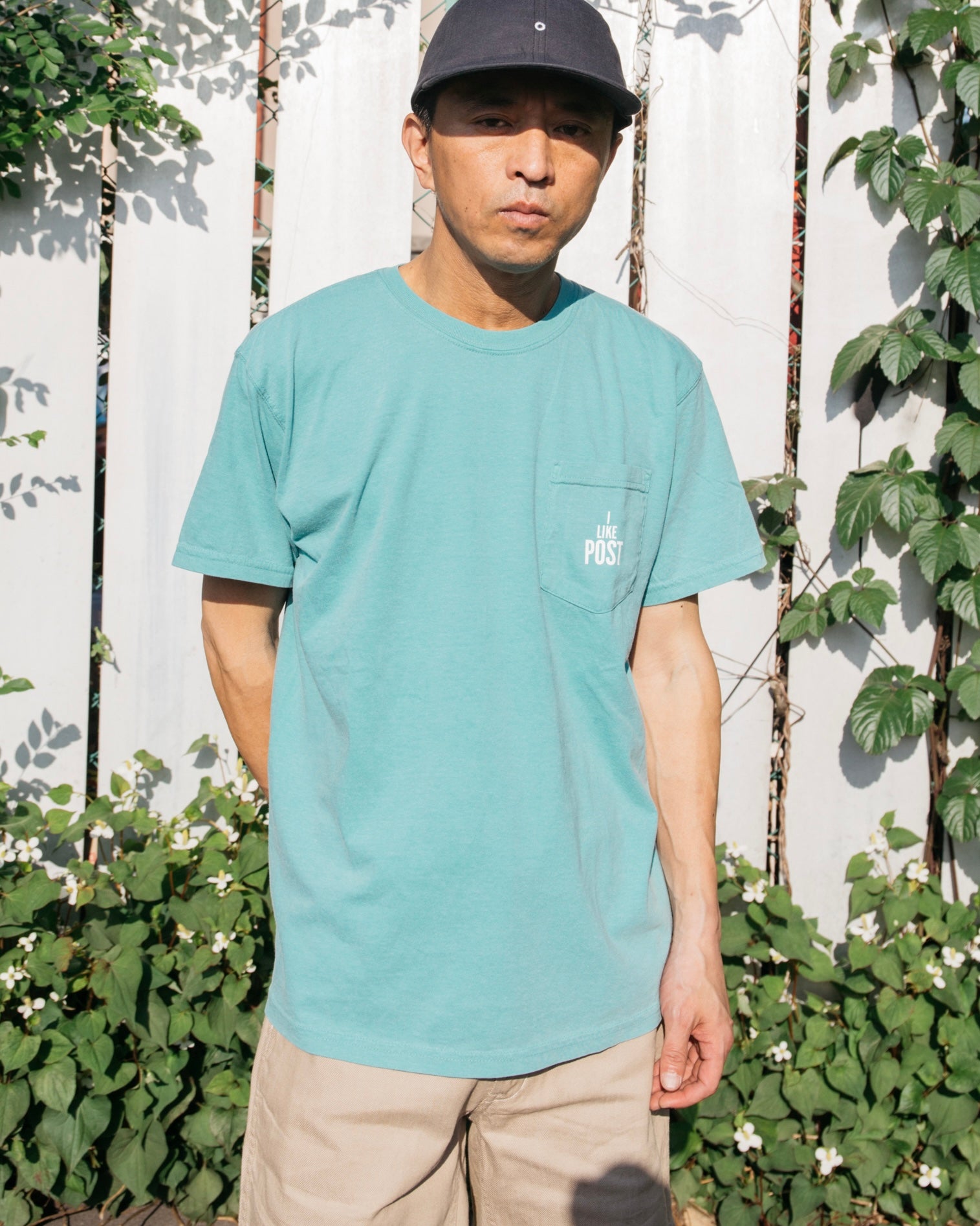 #3004 I like POST pocket Tee : pigment dyed cotton jersey green/white print (Shop Special)