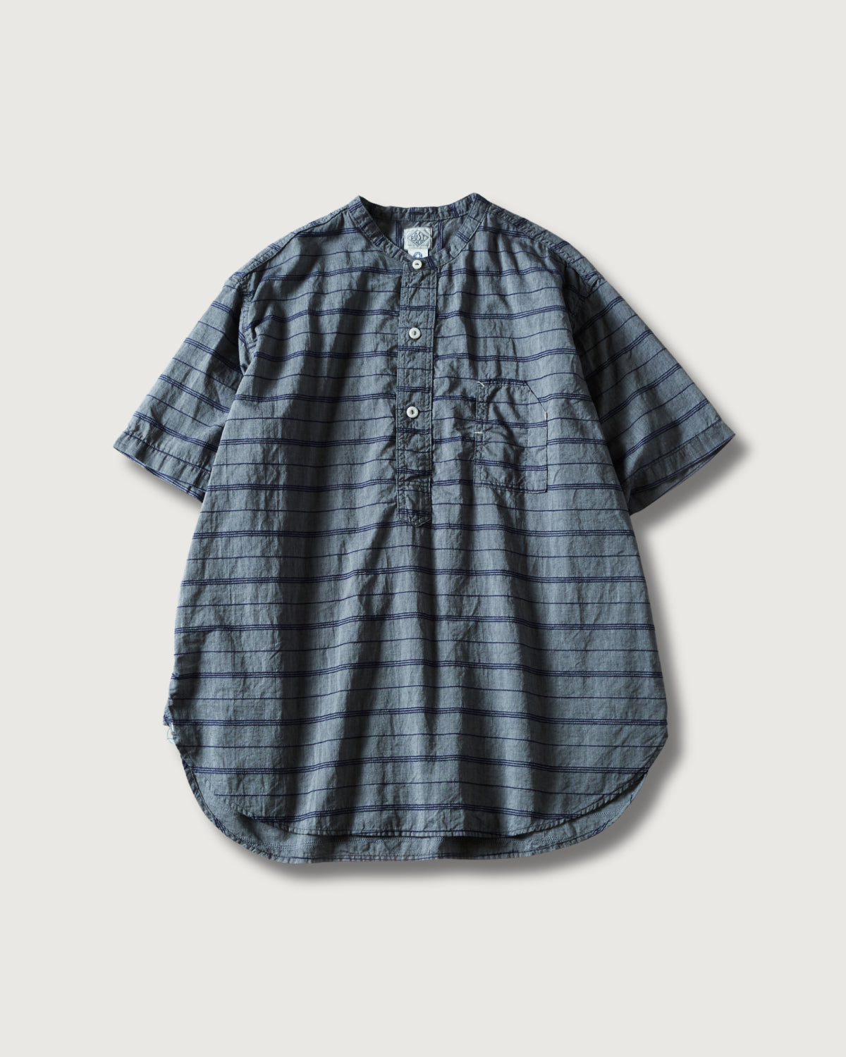 #1203S-HSG Band Collar Shirt S/S : horizontal stripe grey