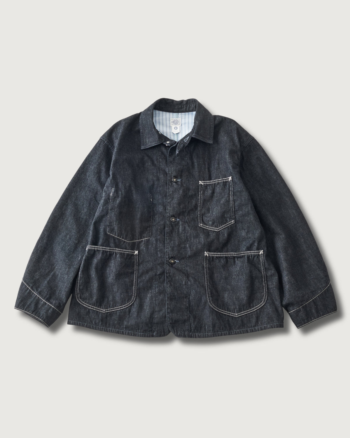 #3133W-8DB POST 46-W : 8oz. denim x stripe shirting black