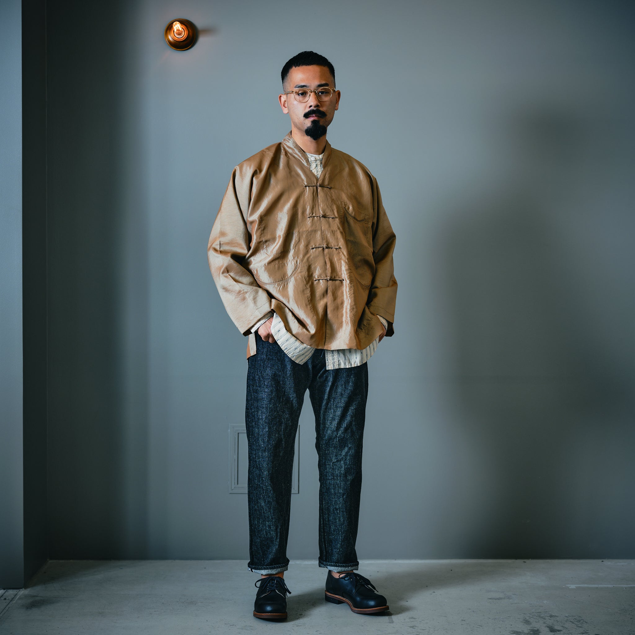 #1203C-SSN Band Collar Shirt MV : stripe shirting natural