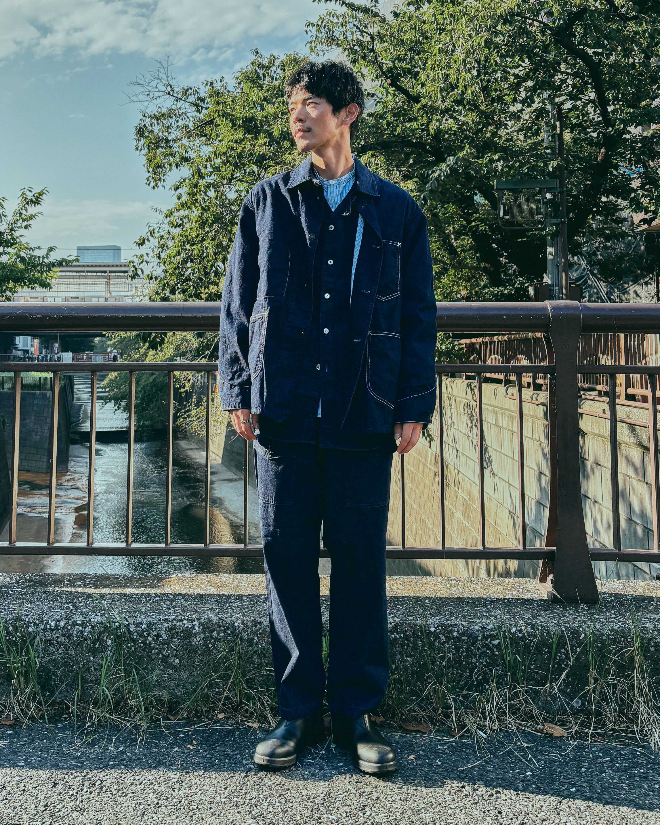 3133W-8DI POST 46-W : 8oz. denim x stripe shirting indigo