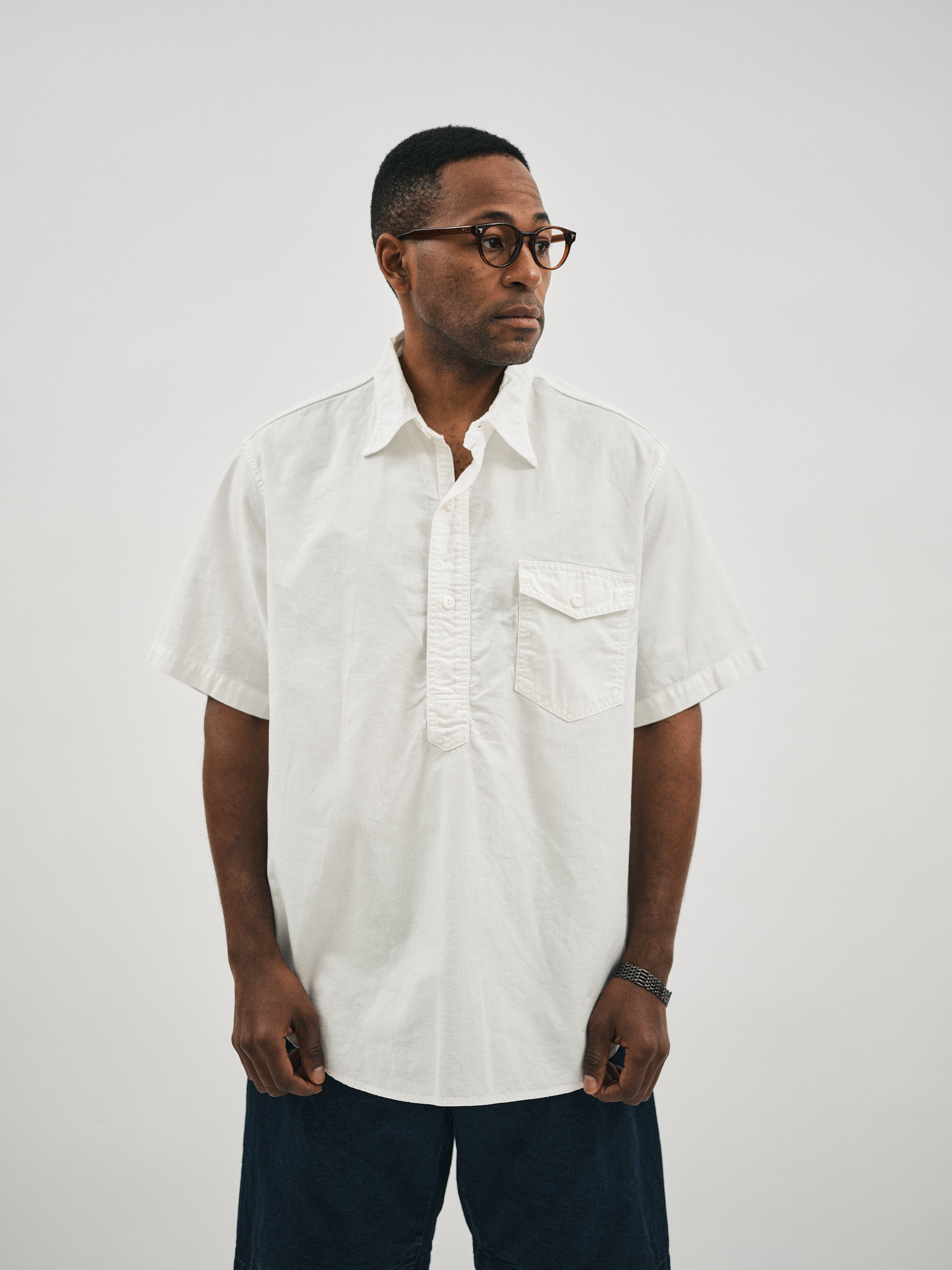 #3213S-PCW NAVY CUT S/S : panama cloth white