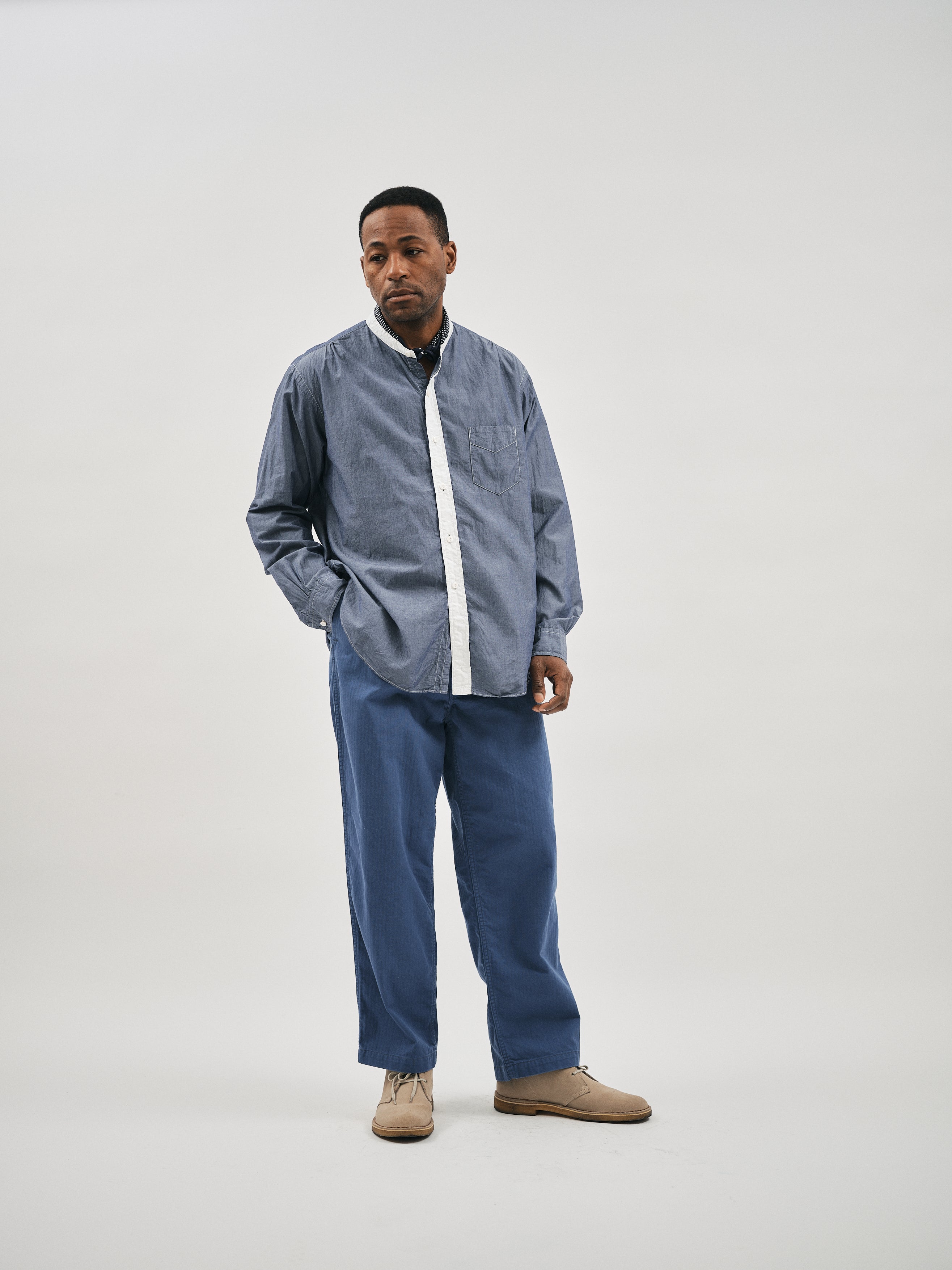 #3232B-SBC Original BL Band Collar Shirt : broadcloth w/white trim blue