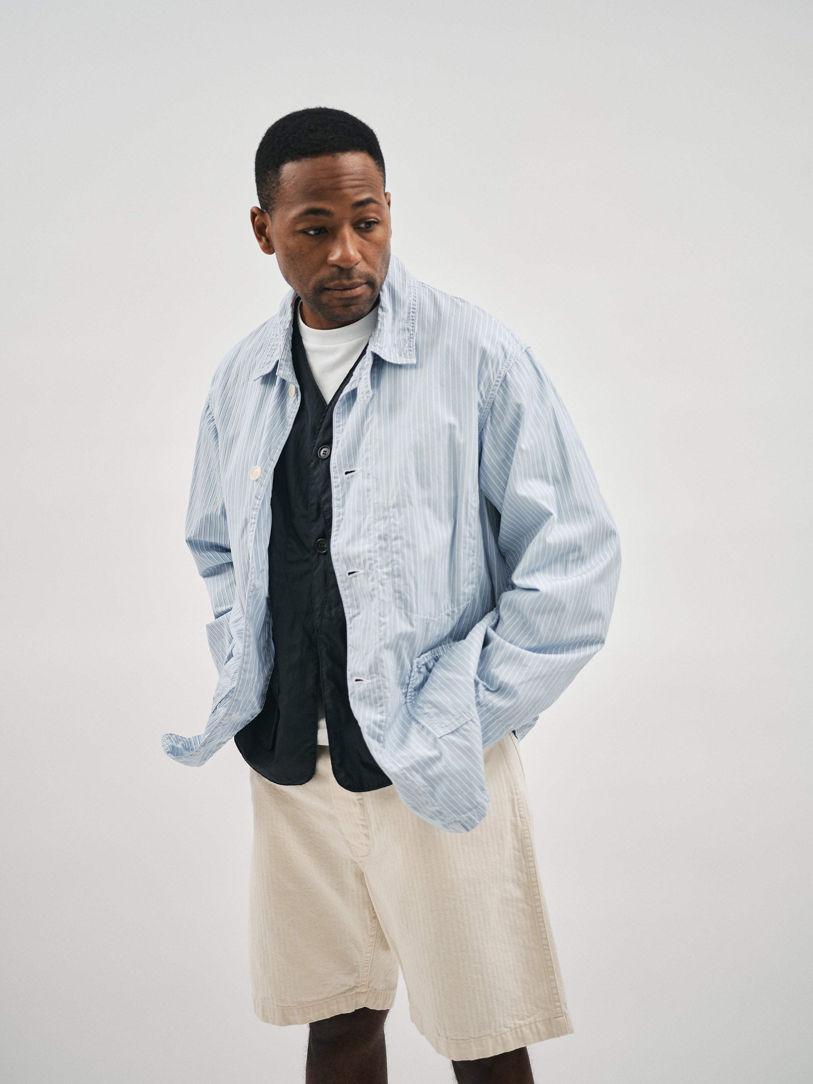 1101L-SF1 WWII No.1 Jacket : stripe shirting x feather chambray blue
