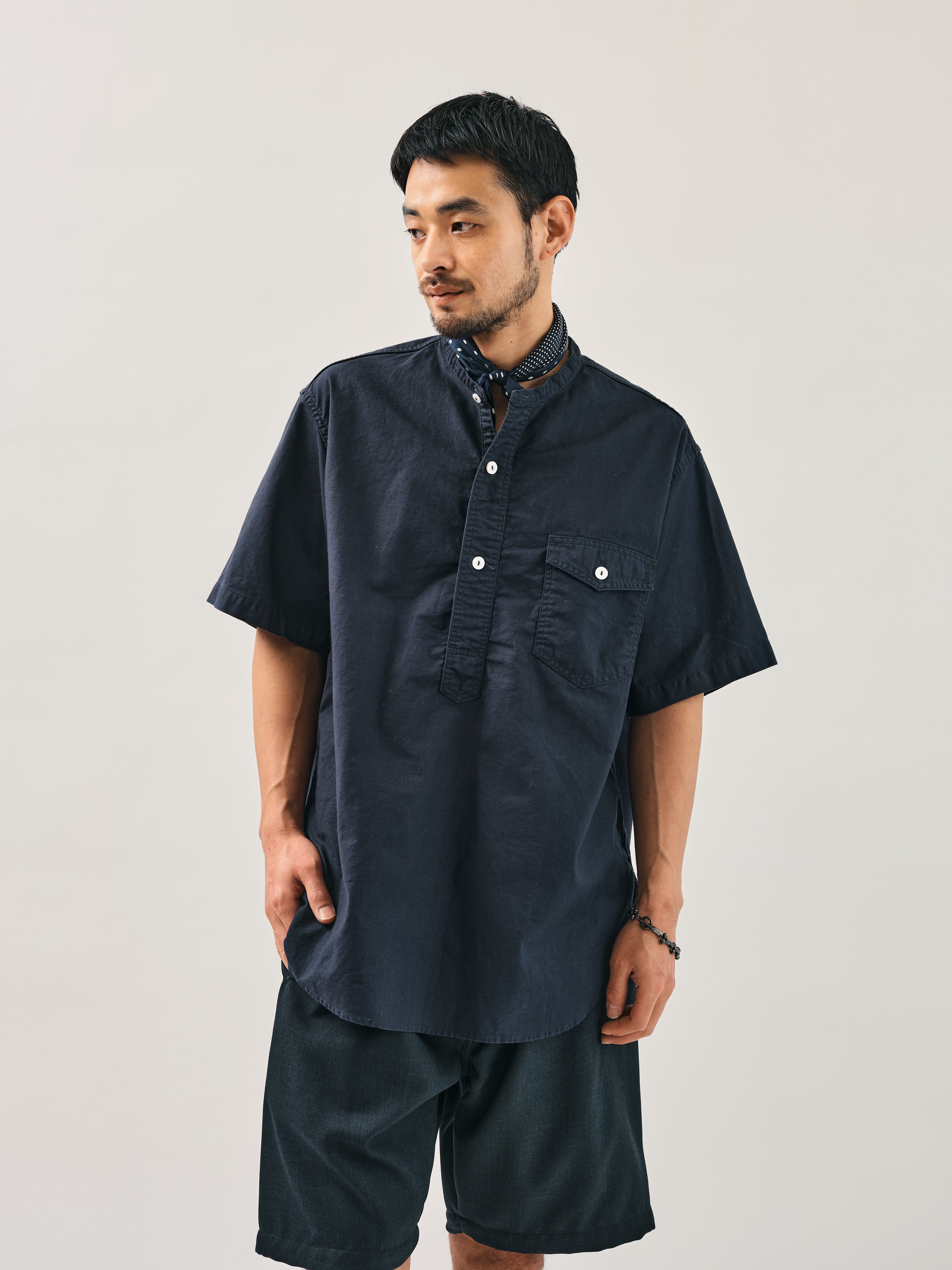 #3213SB-PCN NAVY CUT~Band S/S : Panama cloth navy