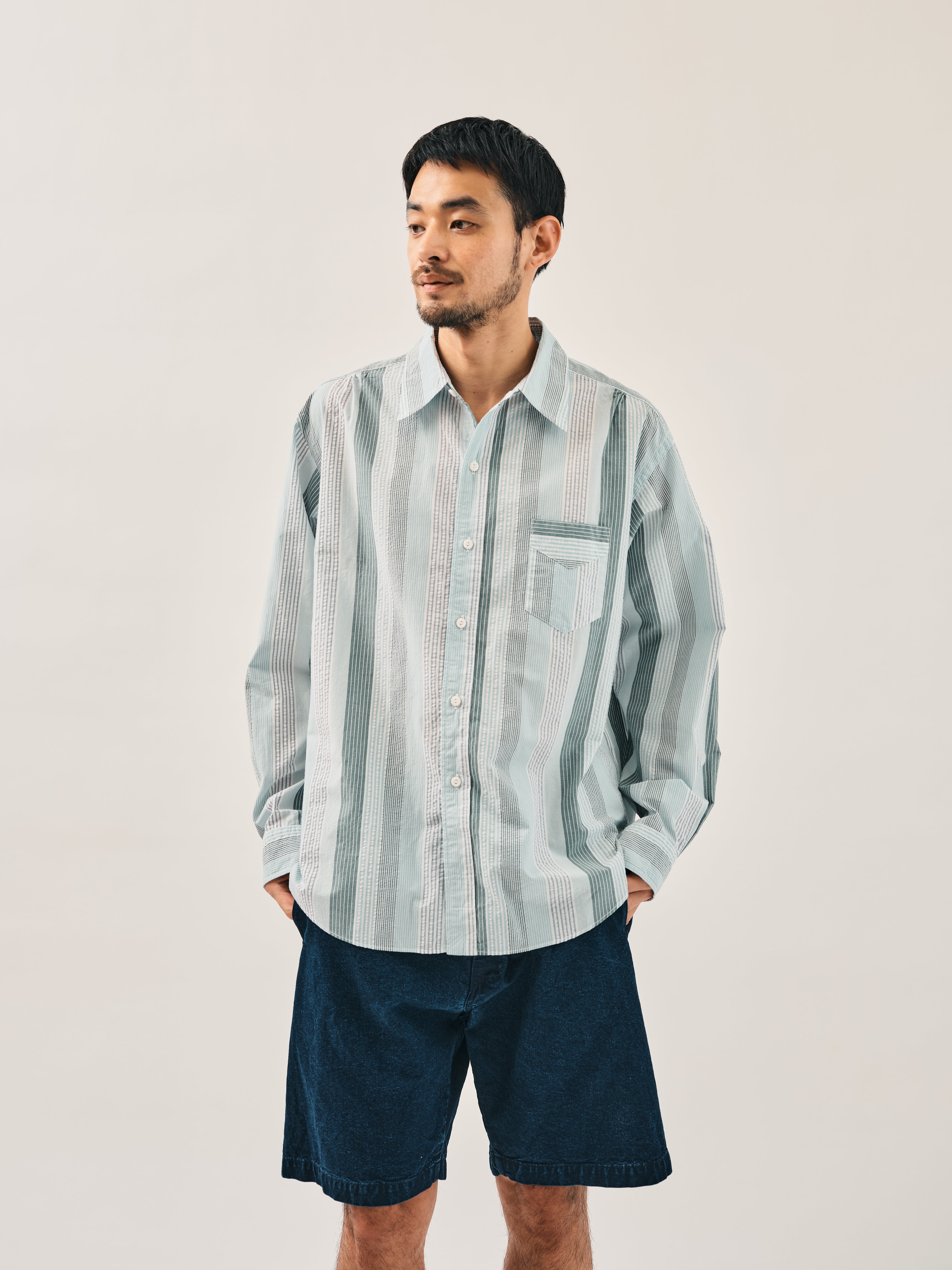 #3232-SP2 Original BL Shirt : cotton / poly seersucker stripe green / navy