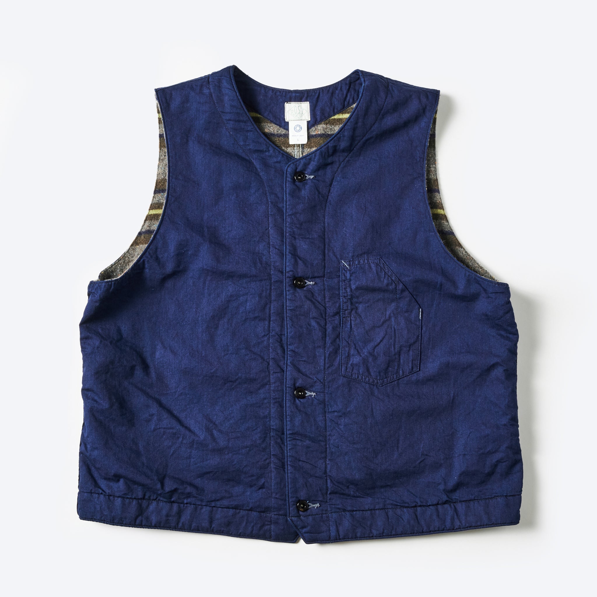 #1501-VTI 1 Pocket Vest : vintage twill w/trashed wool lining indigo w/stripe lining