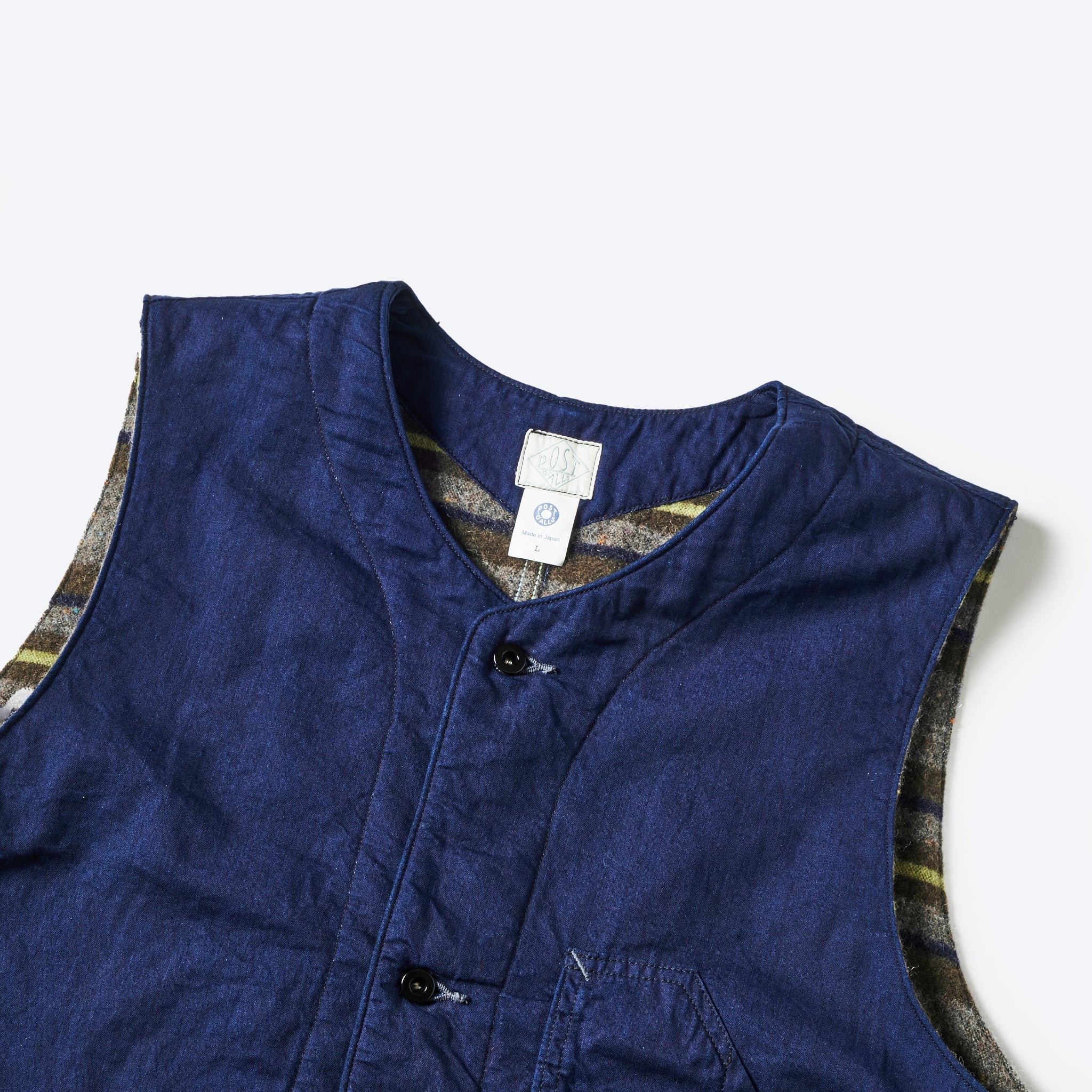 #1501-VTI 1 Pocket Vest : vintage twill w/trashed wool lining indigo w/stripe lining