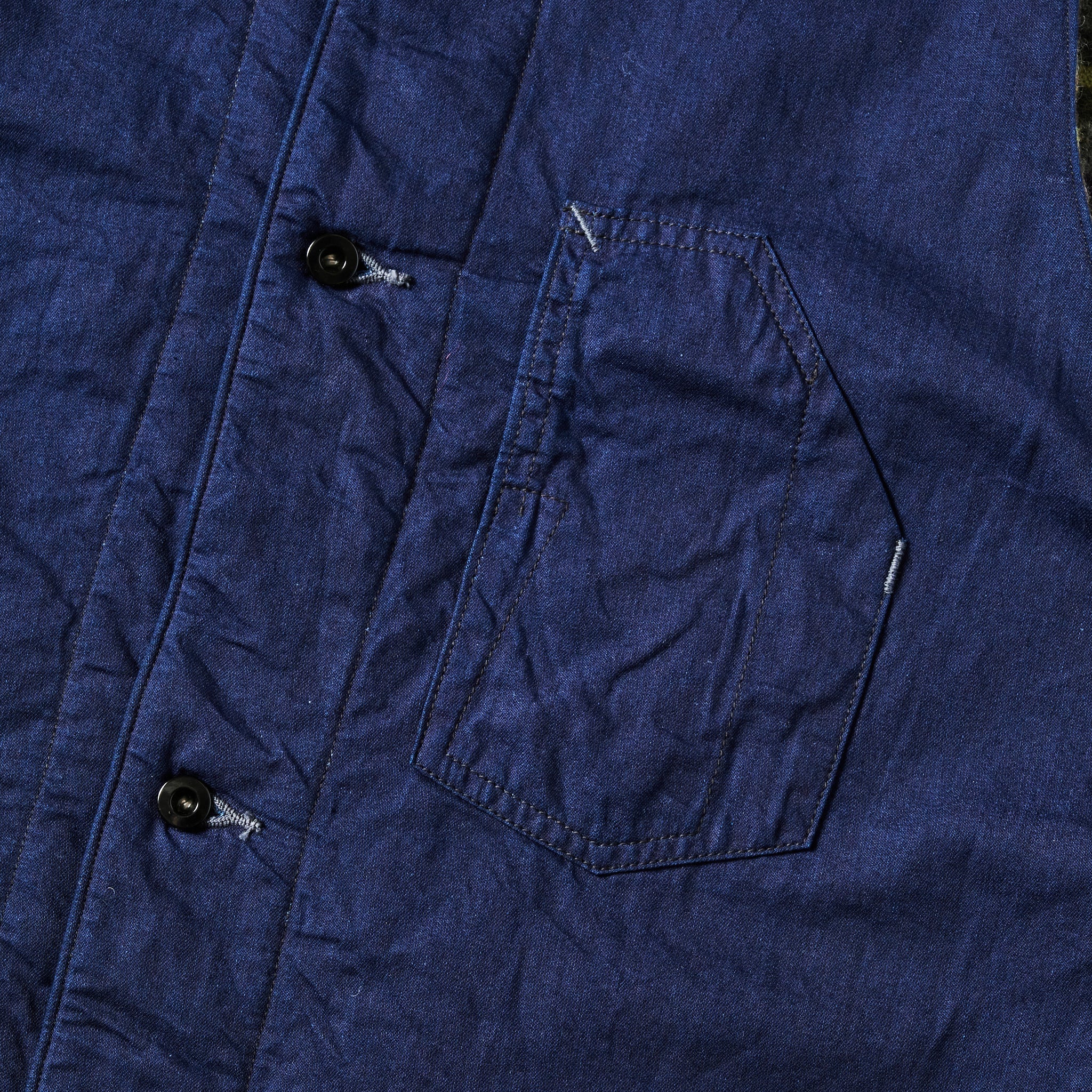 #1501-VTI 1 Pocket Vest : vintage twill w/trashed wool lining indigo w/stripe lining