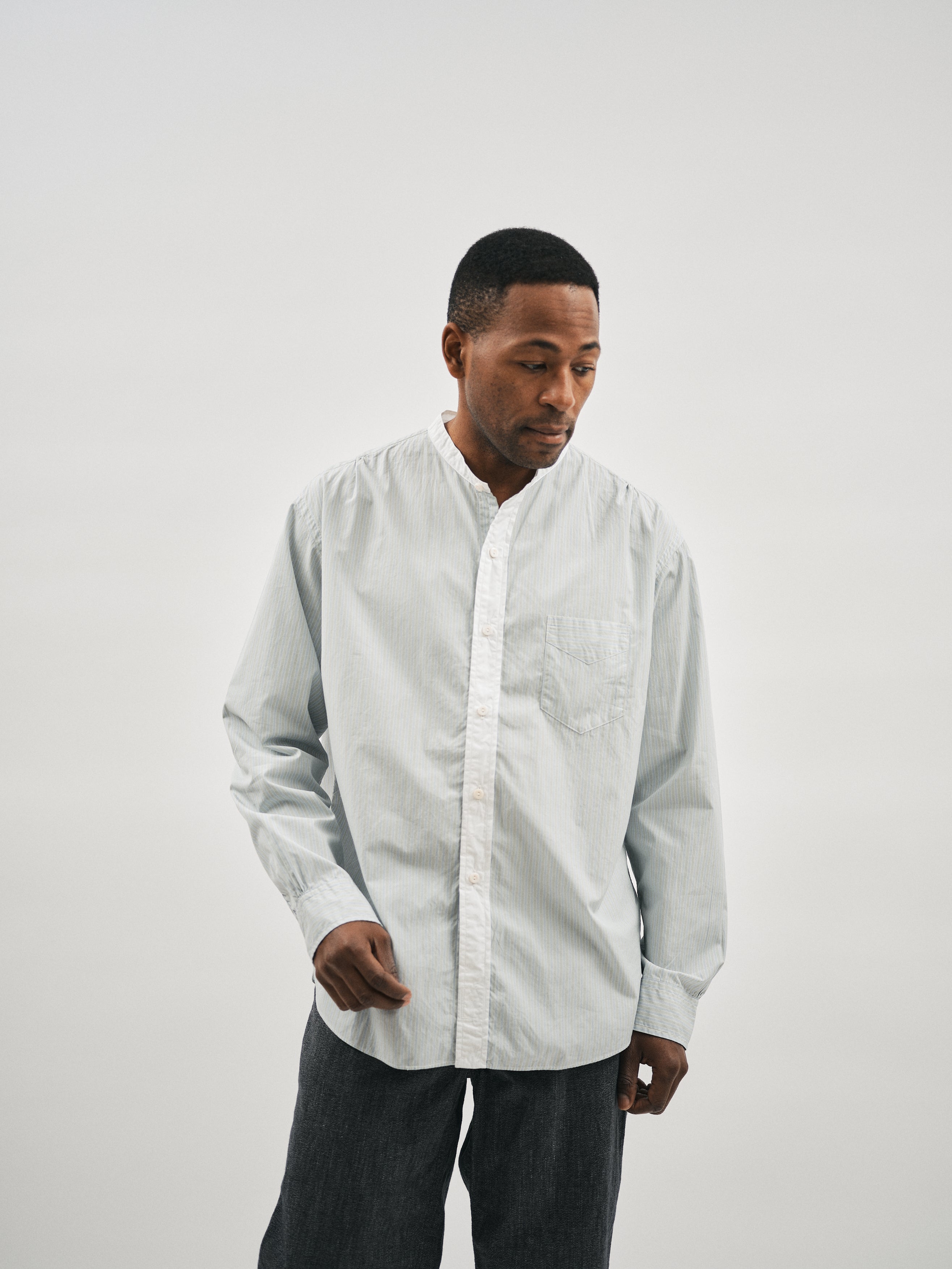 #3232B-GSC Original BL Band Collar Shirt : broadcloth w/white trim green stripe