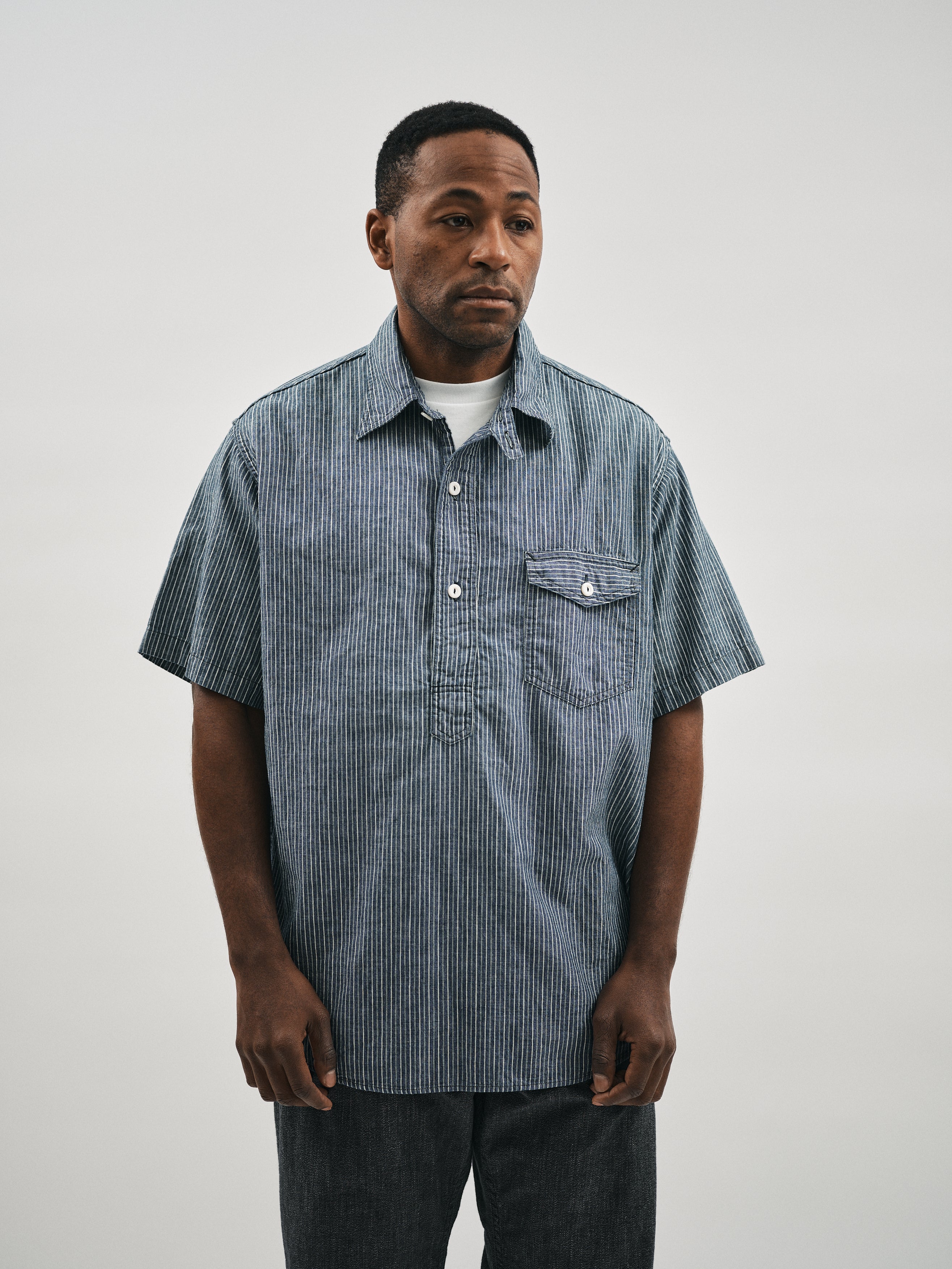 #3213S-SC NAVY CUT S/S : stripe chambray indigo