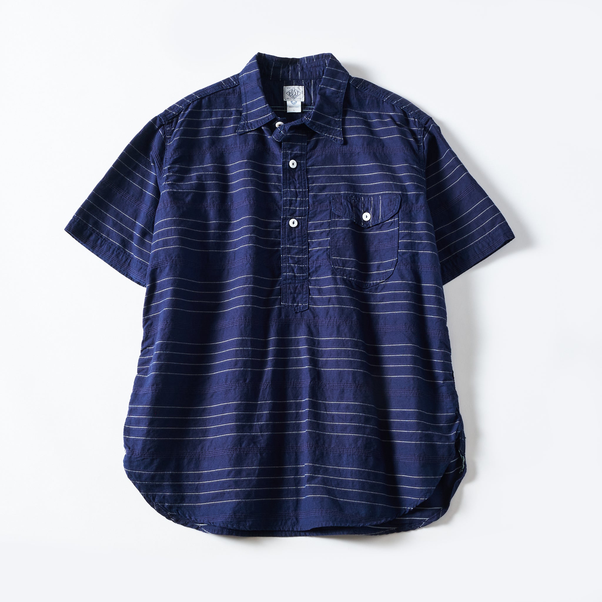 #3219S-HS2 New Basic Pullover Shirt S/S : horizontal stripe 2 indigo