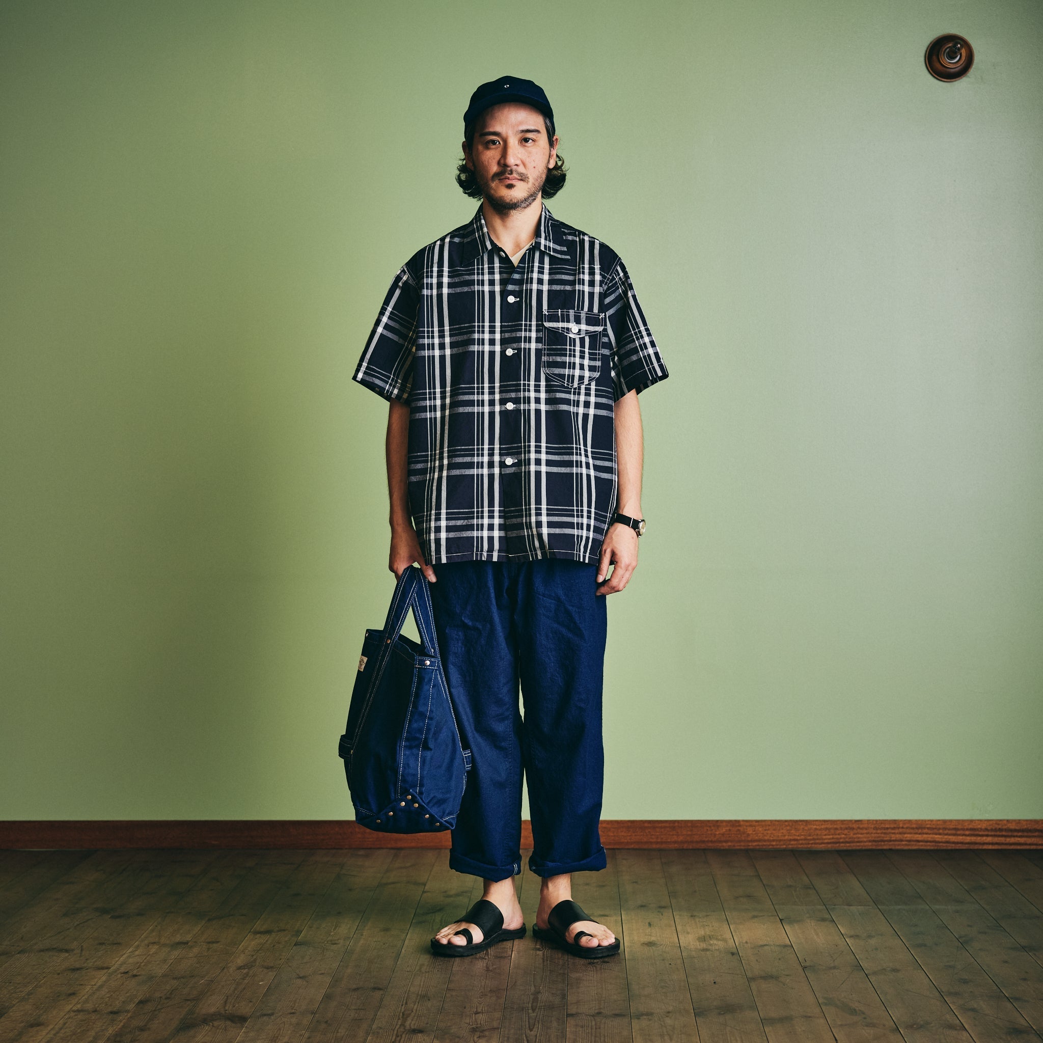 #1207B-IC1 New Basic Shirt S/S : indigo check 1 indigo x white