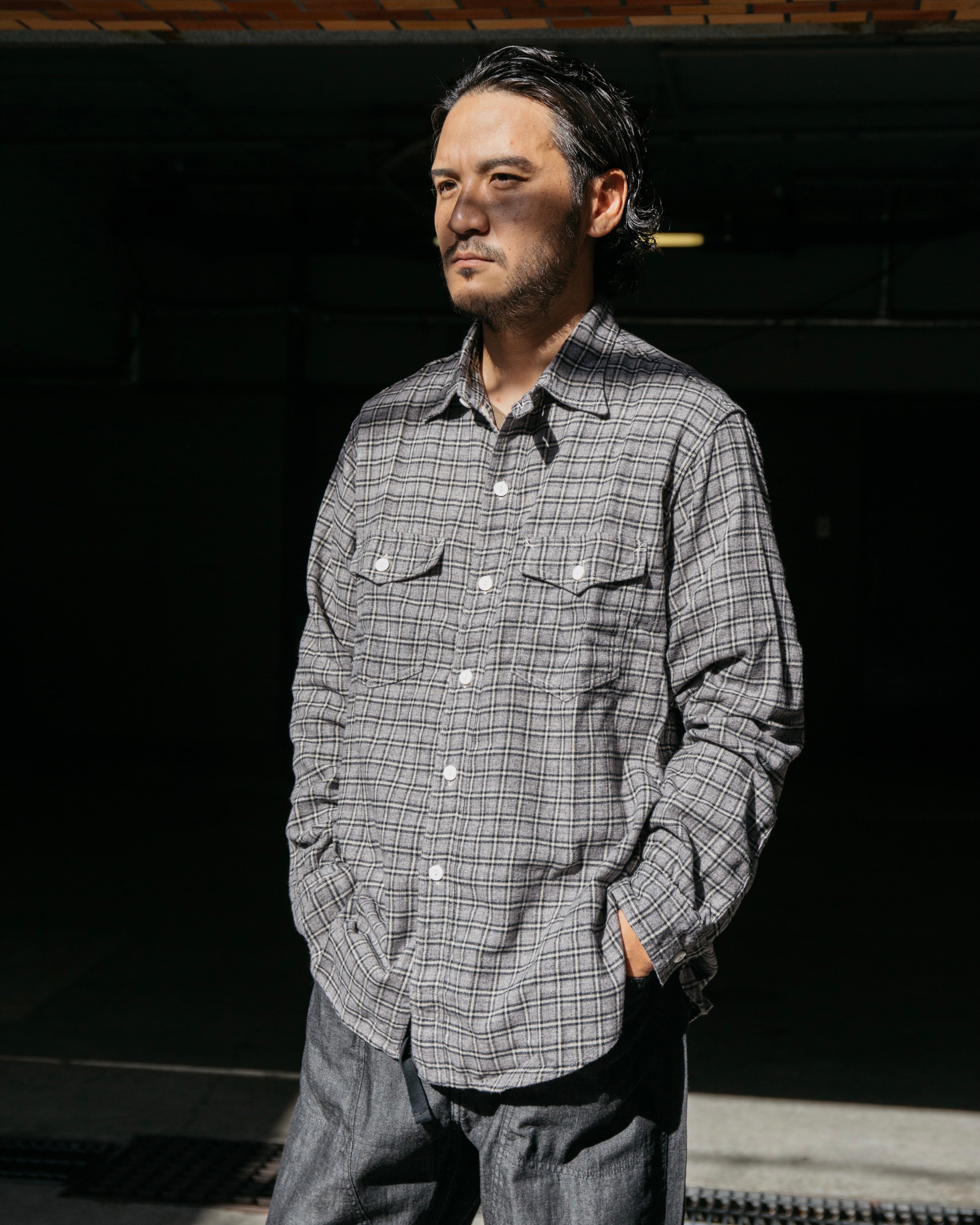 #3216-FP2 The NAVY CUT 2 : cotton flannel plaid grey heather