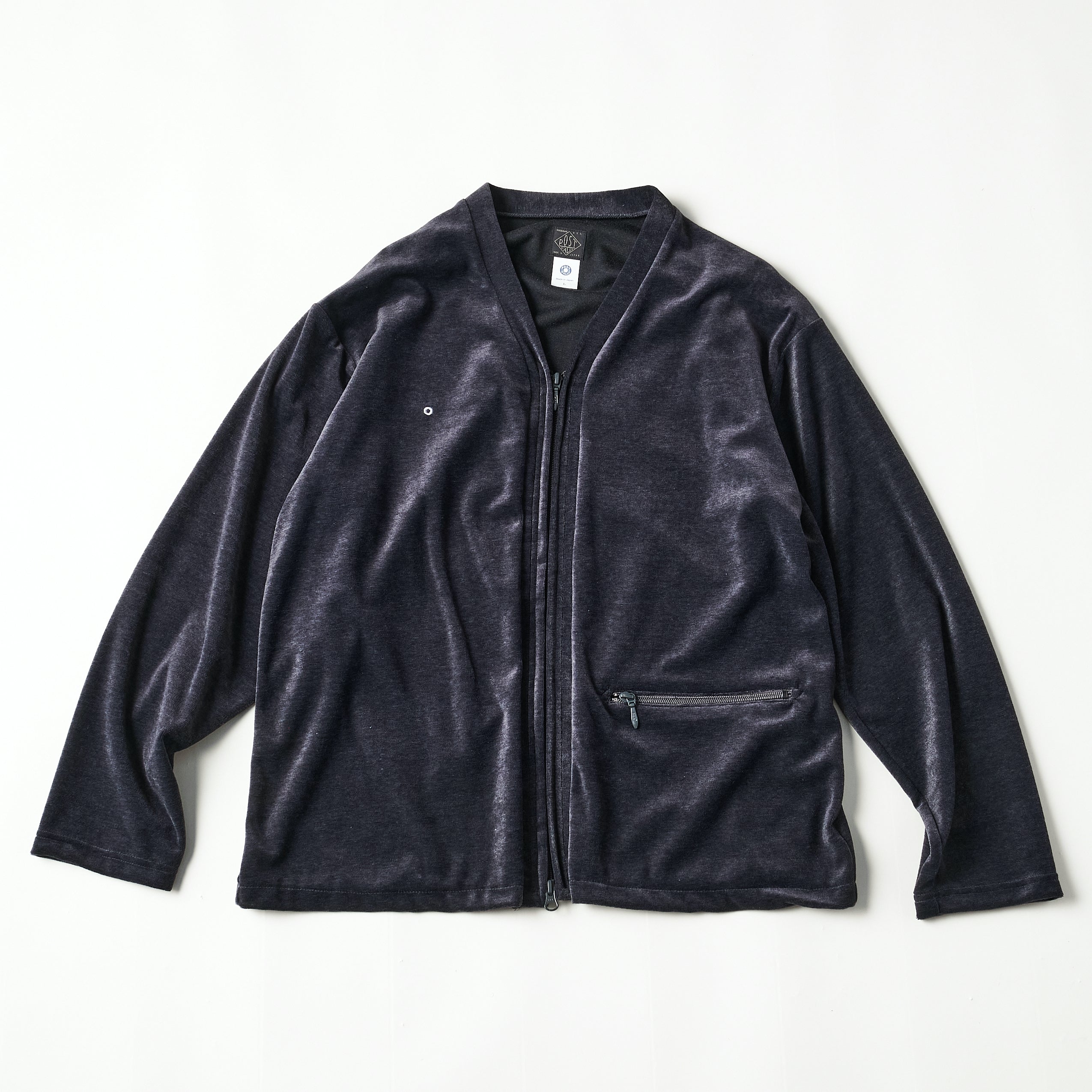 #3609-V1 E-Z Zip Cardigan : poly/cotton velour blue grey