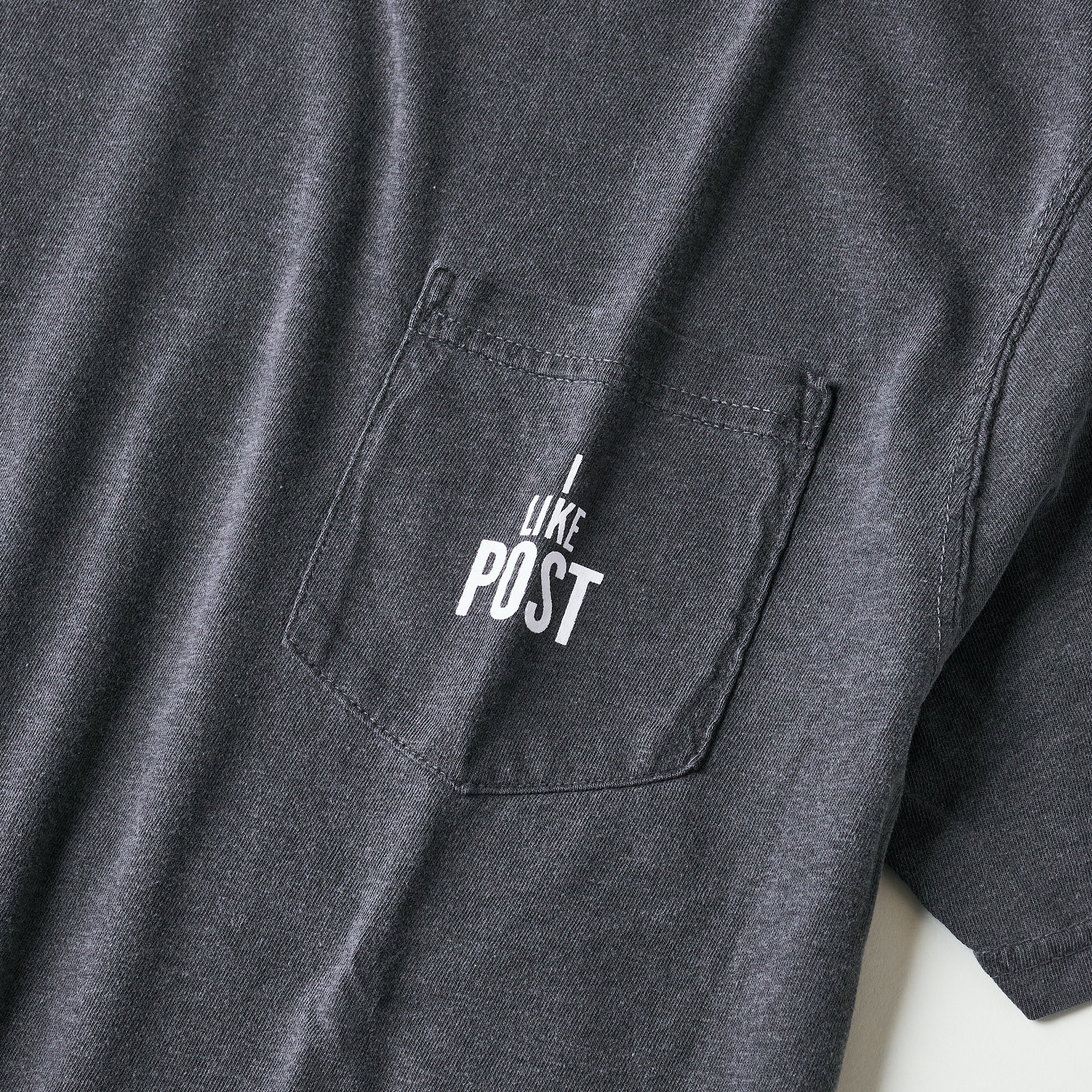 #3004 I like POST pocket Tee : pigment dyed cotton jersey charcoal/white print (Shop Special)