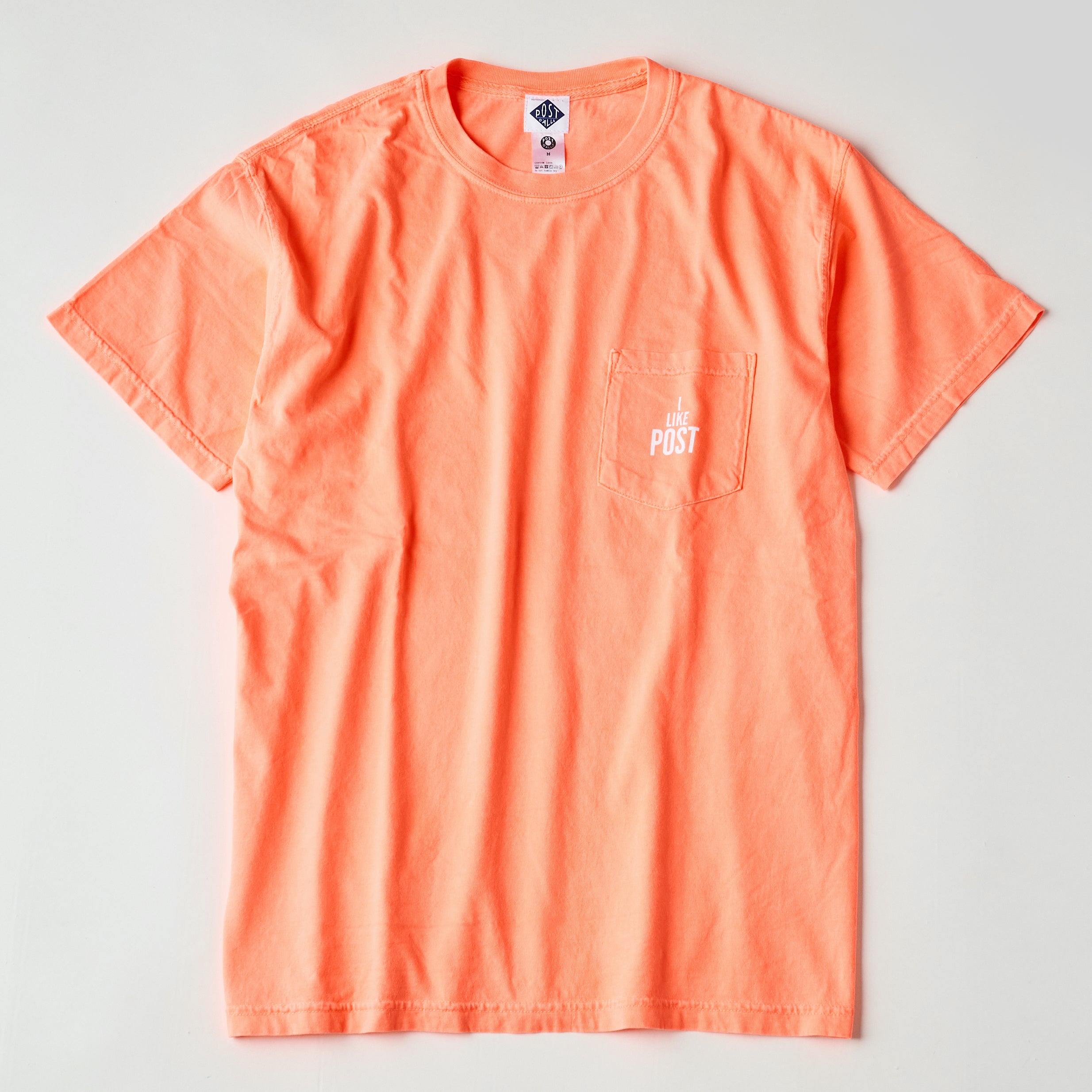 #3004 I like POST pocket Tee : pigment dyed cotton jersey neon orange/white print (Shop Special)